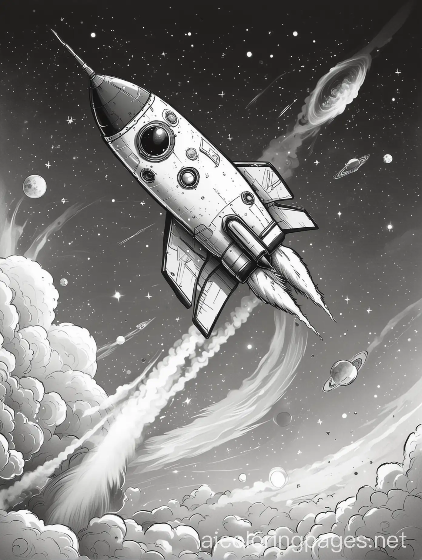 Cute little cartoon style rocket in outer space flying over a planet, smoky and haze surroundings, Coloring Page, black and white, line art, white background, Simplicity, Ample White Space.