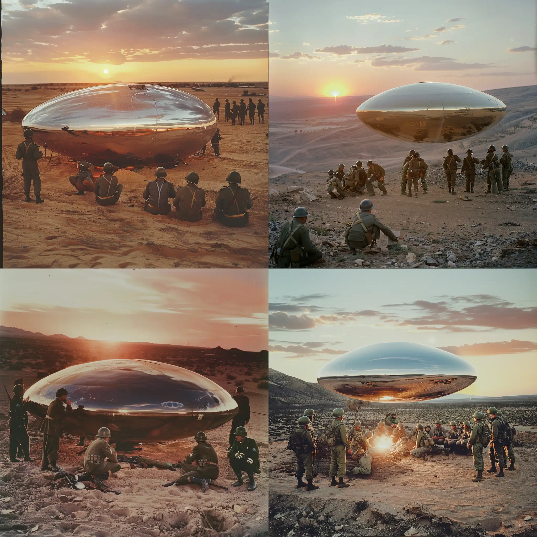 Shiny metallic Flying saucer crash in desert at sunset, 1950s soldiers surrounding it, 1950s photo