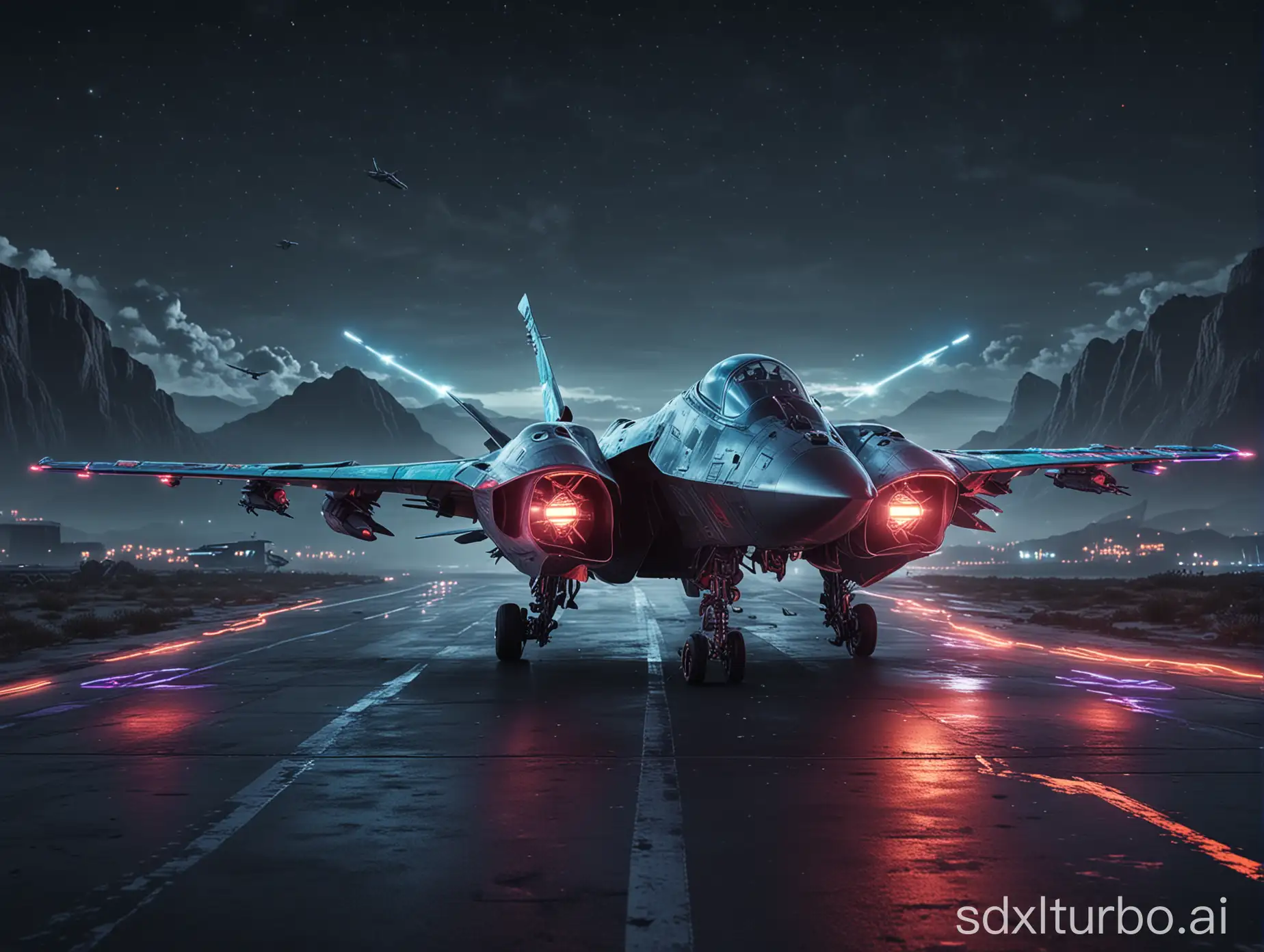 trails of fluorescent neon lights at night behind a futuristic designed Fighter aircraft, 8k, hyper detailed, hyper realistic