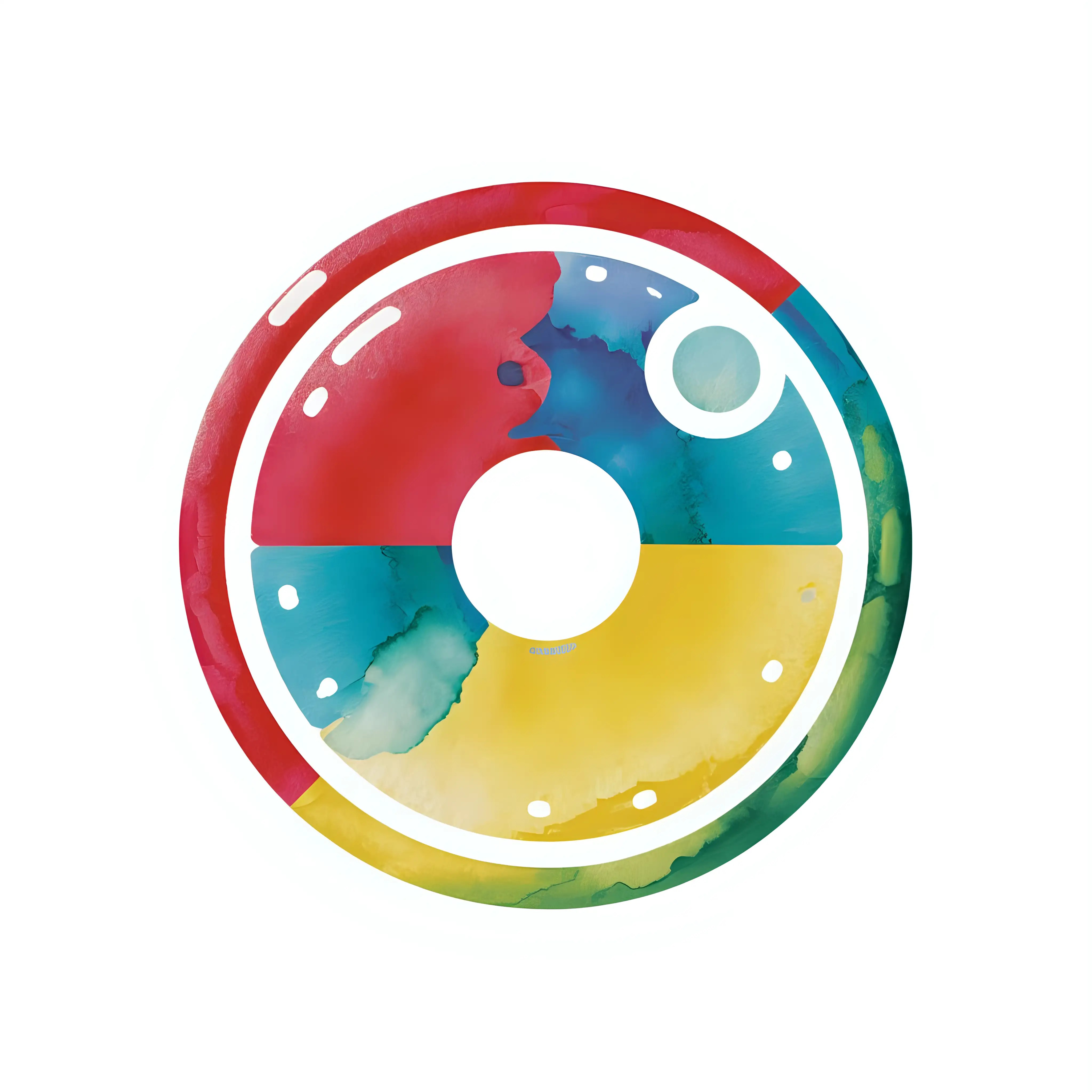 A red, blue, yellow and green clean, artistic, colorful, expressive, bubbly, fun, retro, minimalist, watercolor logo of a CD.