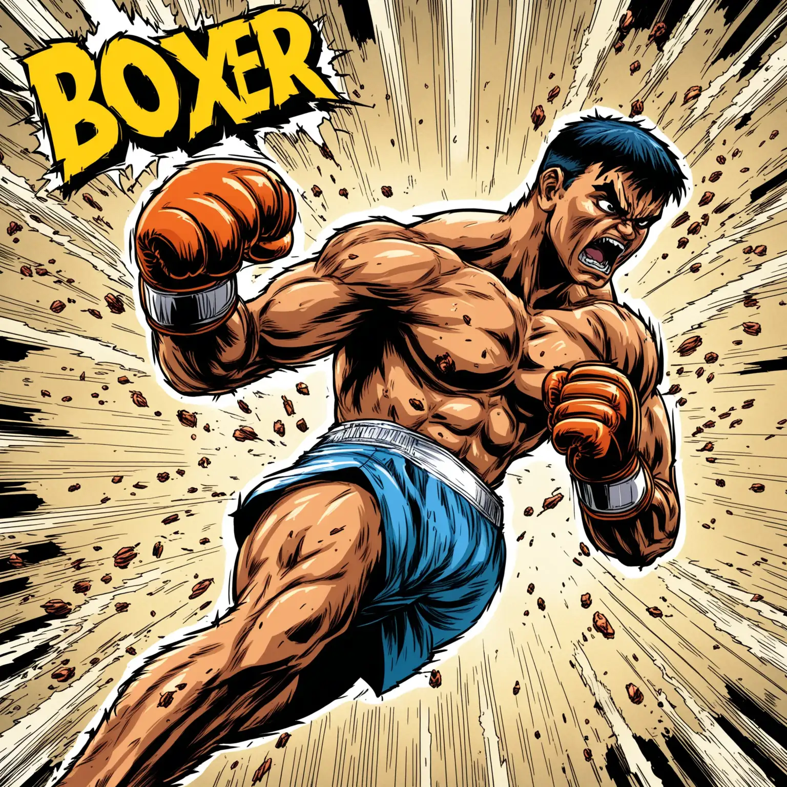 dans un style bande dessinée:
un boxeur qui donne un crochet dévastateur chargé d'une puissance explosive.