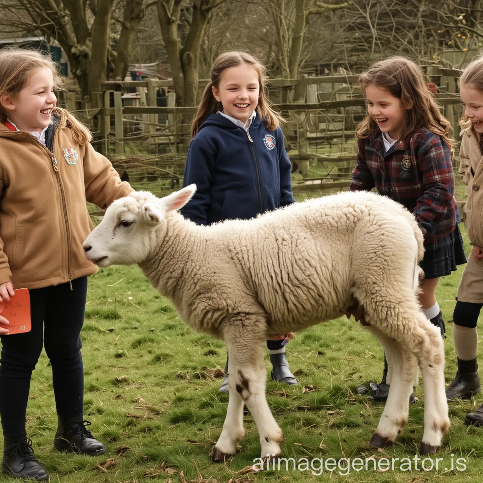 Joyful-School-Children-Watching-a-Lamb-with-Their-Teacher
