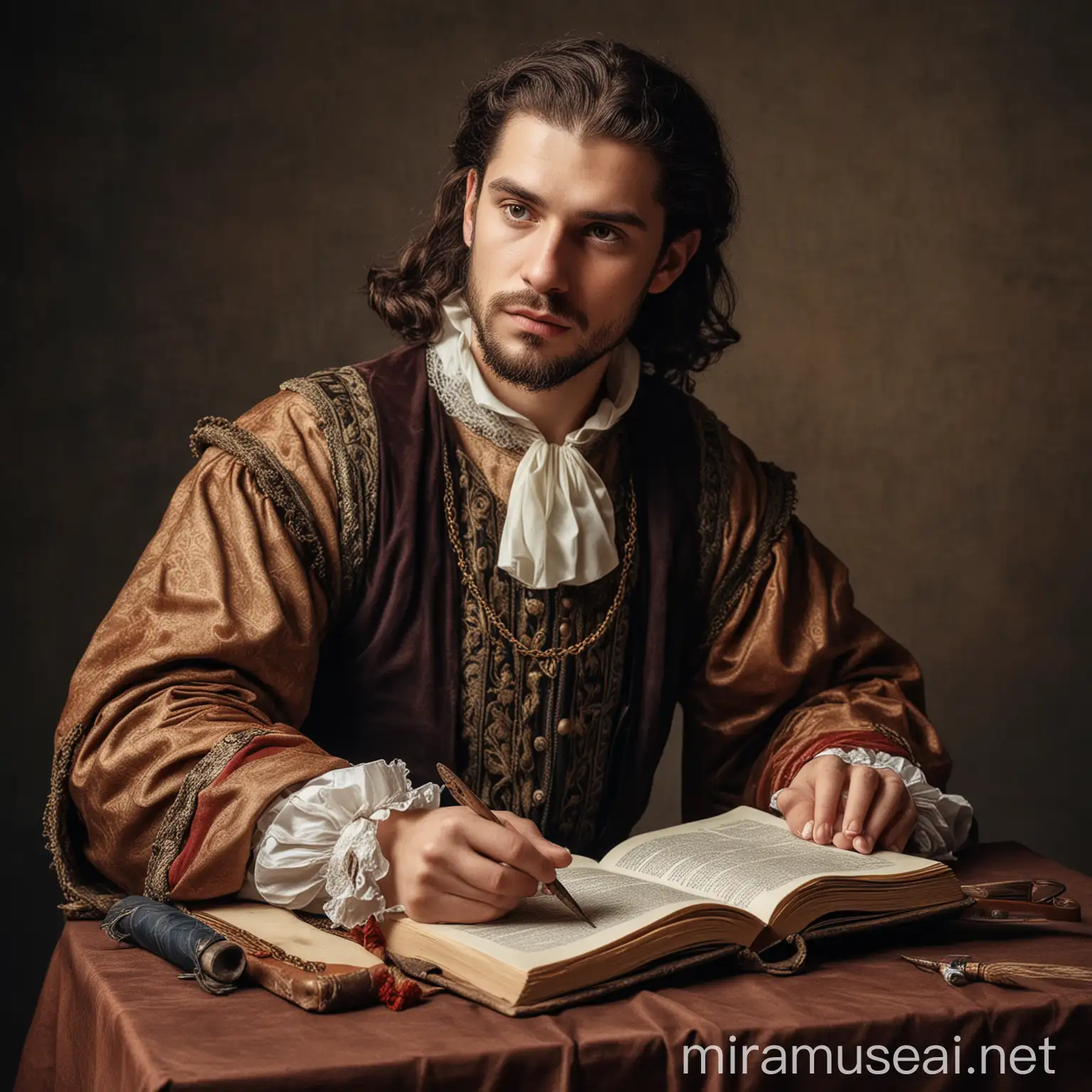 Богато одетый средневековый мужчина, с книжкой и пером