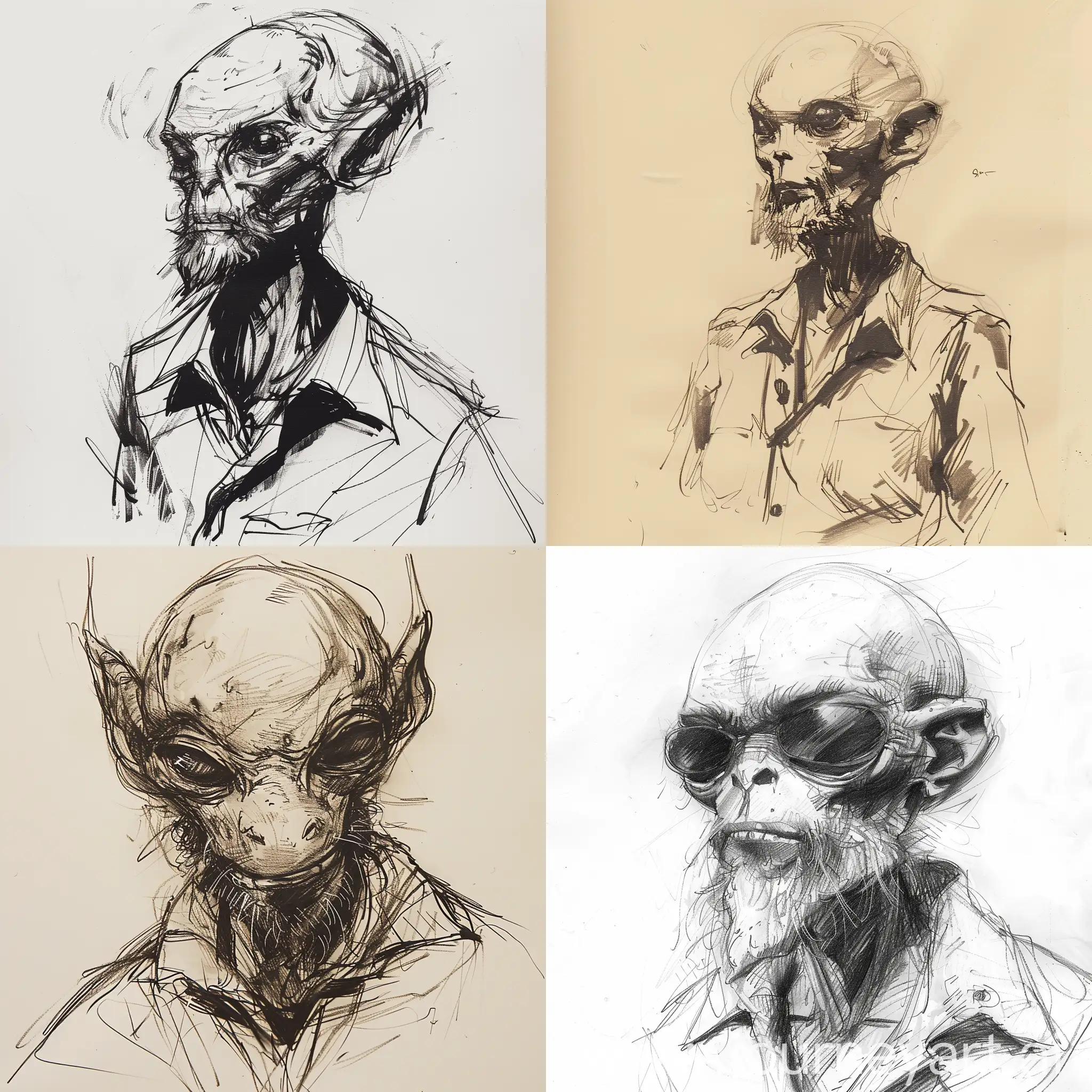 a sketch portrait of an alien wearing a shirt, the alien has a beard, yoji shinkawa style