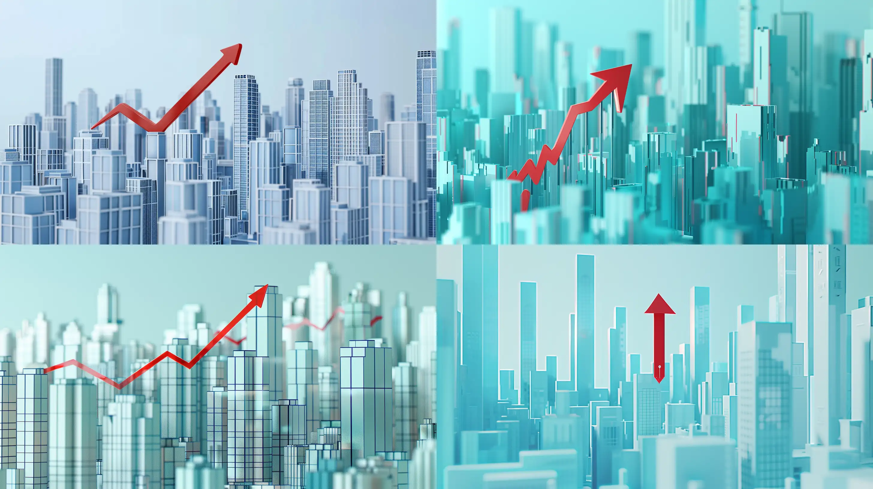 Create a 16:9 image of a 3D stylized economic graph depicting inflation. The scene should feature a rising red arrow over a cityscape composed of columns of different heights, representing economic data. The background should be a light blue to emphasize the graph. The design should convey a clear visual representation of economic growth or inflation --ar 16:9