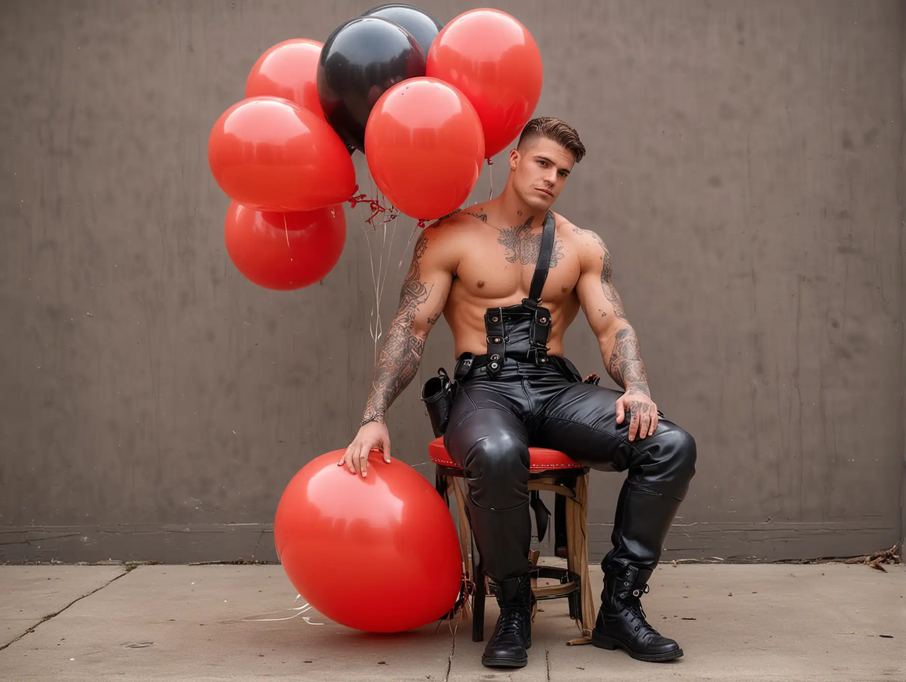 Muscular Firefighter Surrounded by Giant Balloons in Tight Uniform Pants |  AI Image Generator