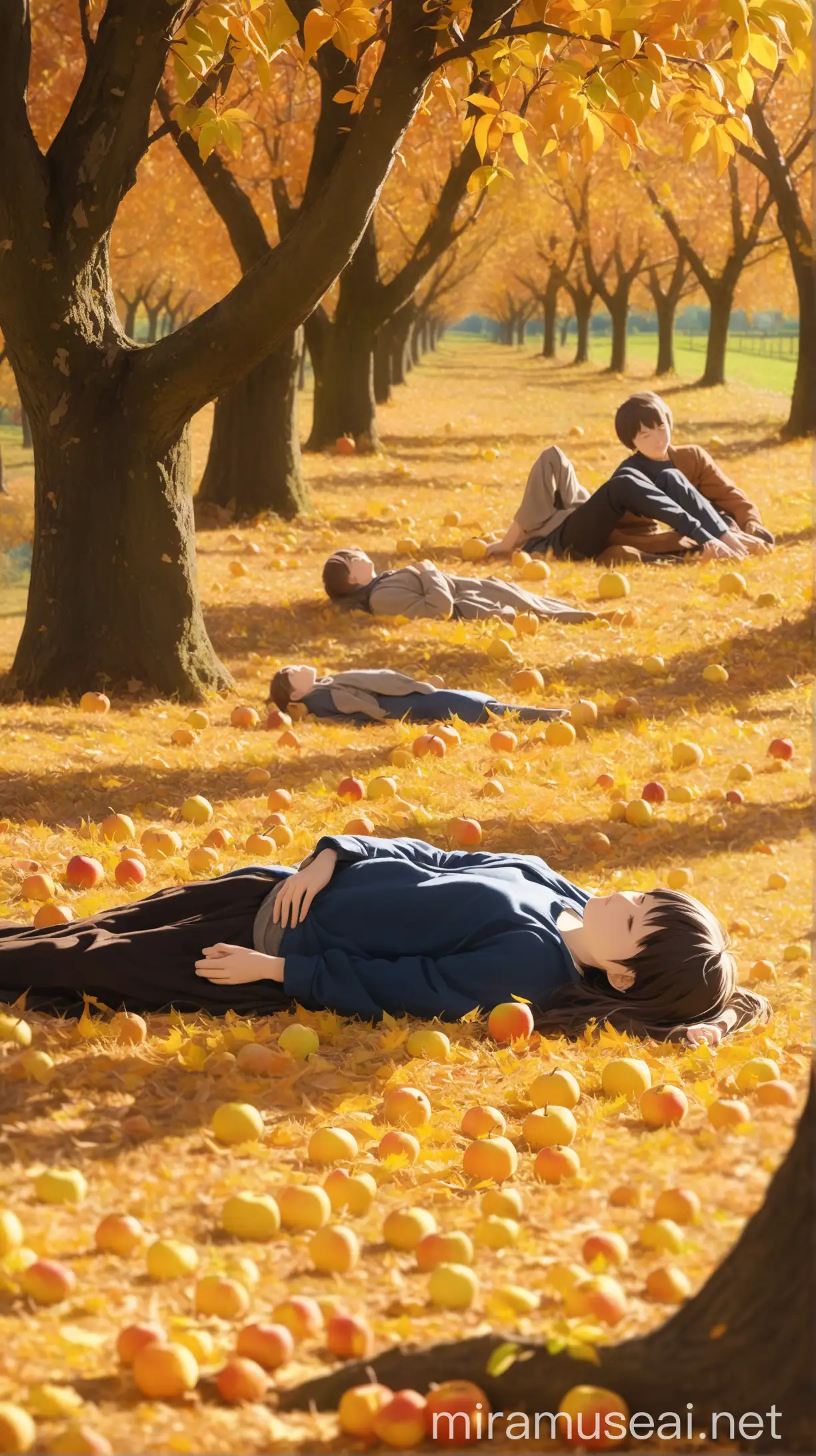 一个躺在秋天的果园里悠闲自得的农村青年