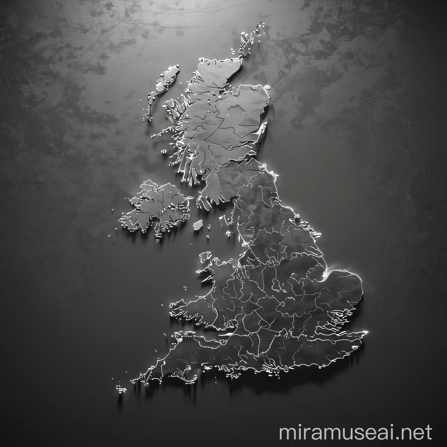 blacked out background, 2d outline of the uk map in silver