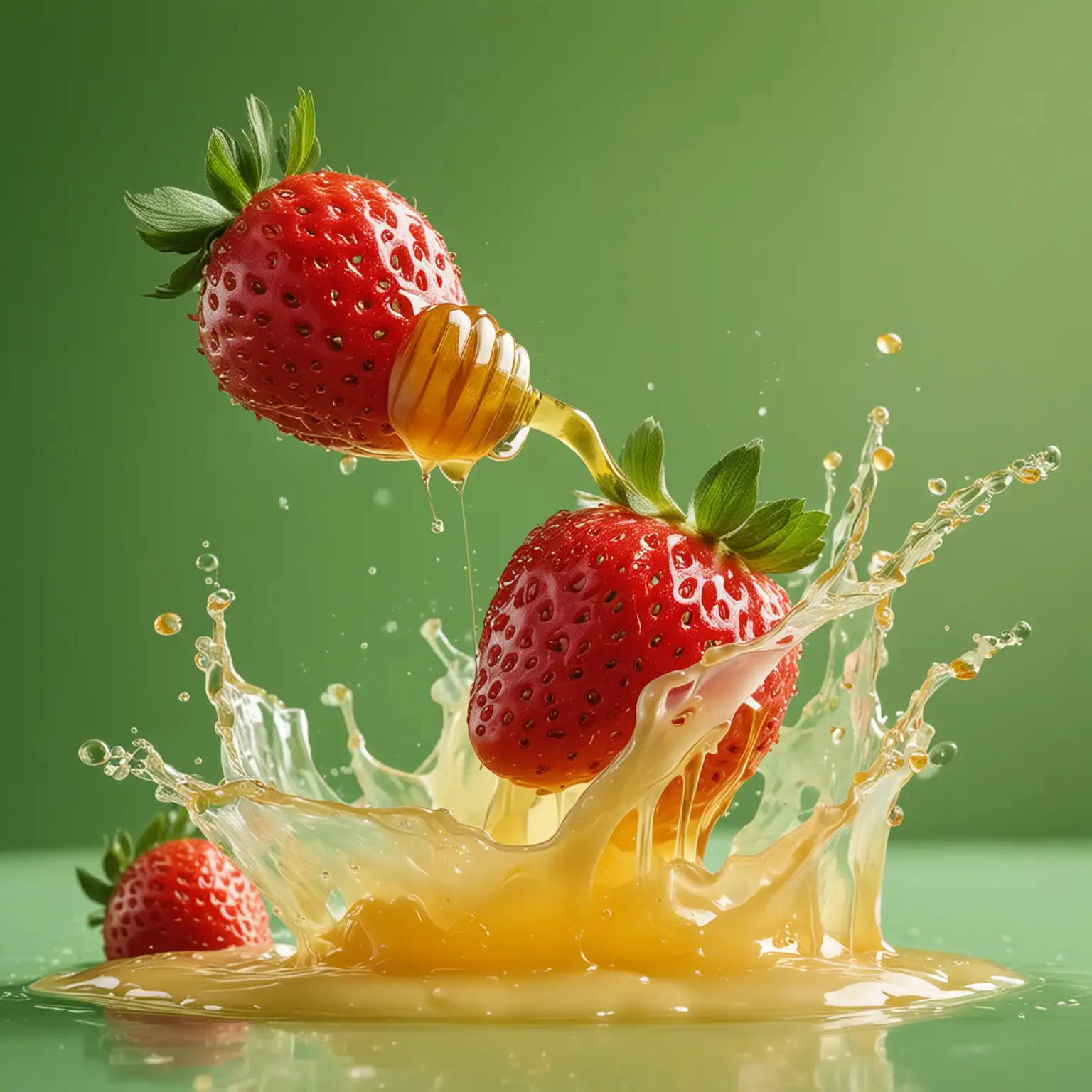 Vibrant-Green-Background-with-Juicy-Honey-Cream-and-Flying-Strawberries