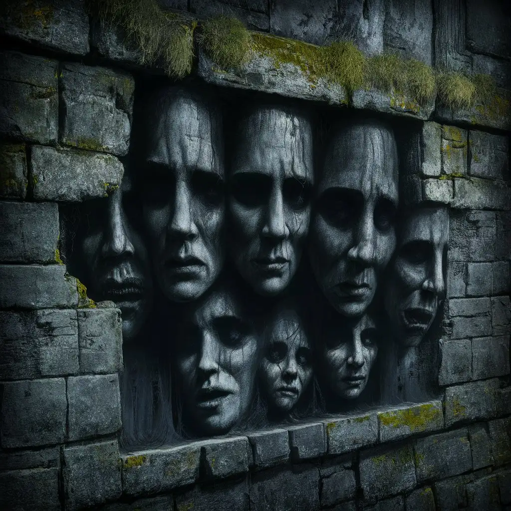 Stone wall 
Multiple shadowy faces on the wall 
Grim