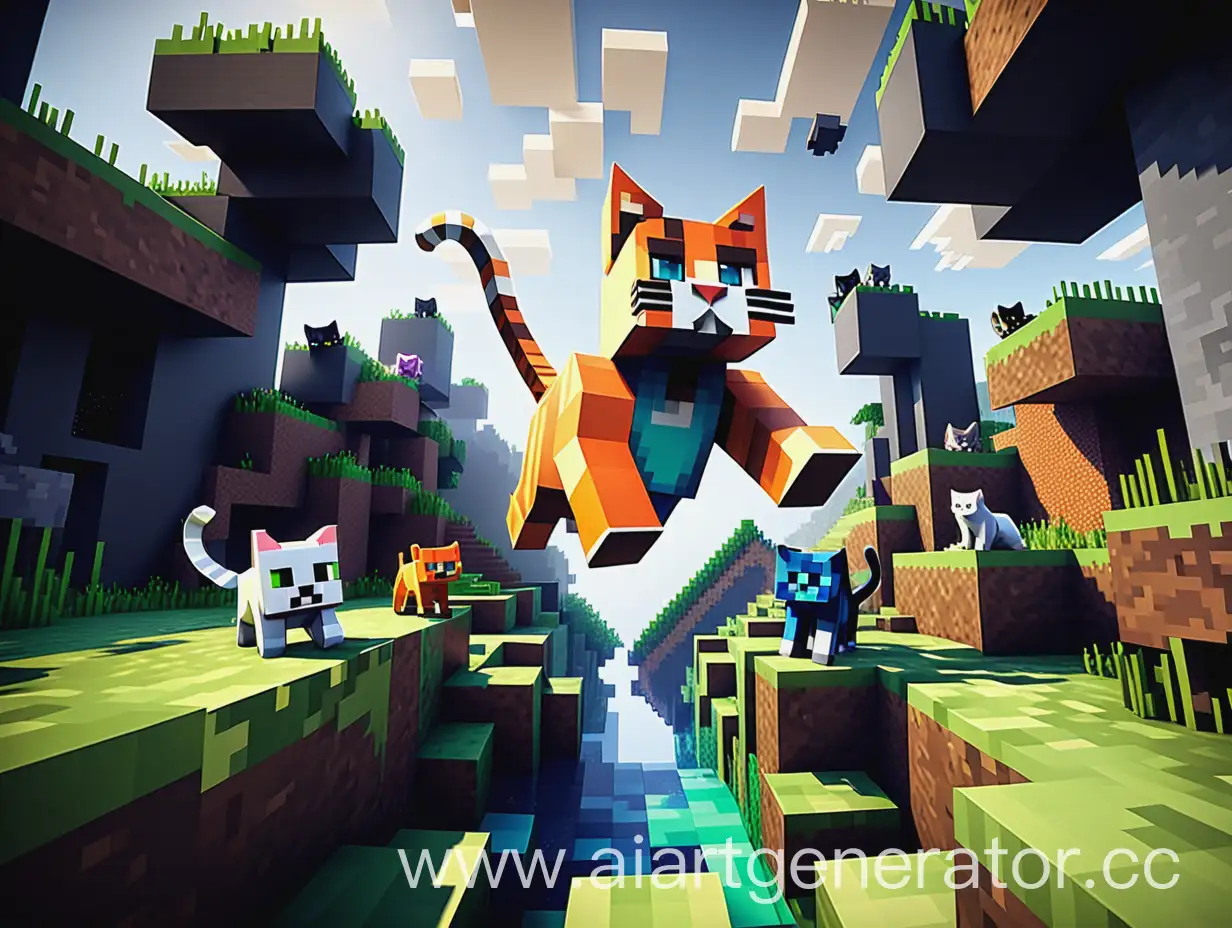 Создайте изображение сверху вниз в стиле Minecraft, которое включает в себя тему кошек и их девяти жизней. Изображение должно быть полностью составлено из кубиков, на нем должен быть изображен кошачий персонаж или несколько кошек, исследующих трехмерную среду. Подумайте о том, чтобы включить в изображение элементы дизайна, отражающие идею множества жизней, например, несколько силуэтов кошек, накладывающихся друг на друга, или кошка, перепрыгивающая с куба на куб, как бы путешествующая по разным плоскостям бытия. Убедитесь, что изображение имеет целостную цветовую палитру и визуально привлекательную композицию, которая точно передает суть эстетики Minecraft. Кроме того, используйте концепции блочного мира Minecraft, чтобы создать ощущение глубины и размерности. Вы можете использовать разные цвета и текстуры для обозначения различных блоков, а также включить в дизайн специфические для биома элементы, такие как трава, камень или вода. Убедитесь, что общий дизайн визуально привлекателен и эффективно передает тему кошек и их девяти жизней во вселенной Minecraft. Пожалуйста, создайте изображение высокого разрешения (не менее 1080p), соответствующее этим спецификациям, с четким и ясным визуальным представлением кота(ов) и его(их) окружения.
