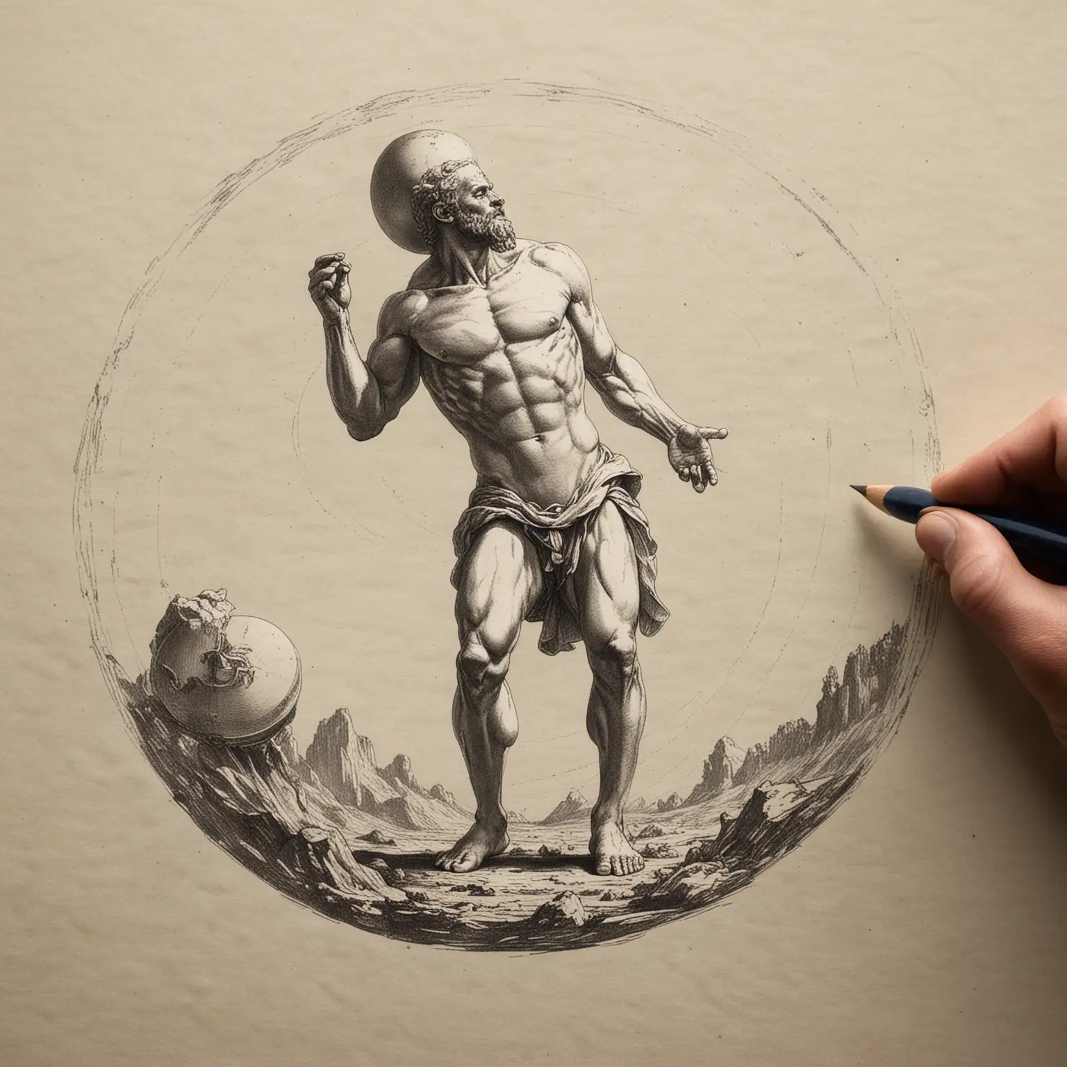 Create a sketch with Atlas holding the sky on his back, and make sure it’s a sphere, so a circle, yes, and in the same technique, like an engraving, so hatching remains
