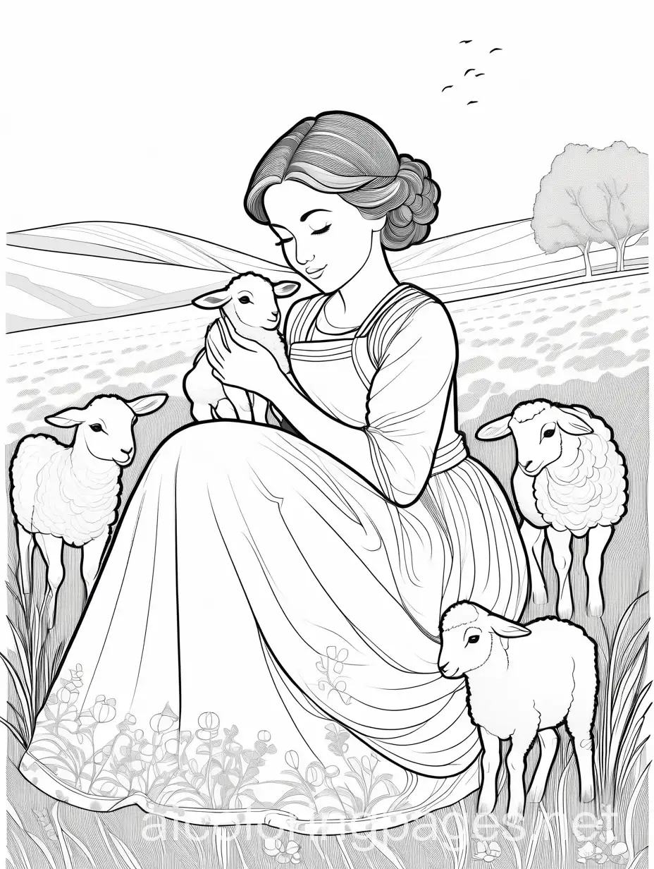 Beautiful young girl stroking a baby lamb. She looks blissful. They have eye contact. Black and white. coloring book. black outlines, white space. Meadow setting. White background. No grey shade. Realistic but cute. detailed.  , Coloring Page, black and white, line art, white background, Simplicity, Ample White Space. The background of the coloring page is plain white to make it easy for young children to color within the lines. The outlines of all the subjects are easy to distinguish, making it simple for kids to color without too much difficulty