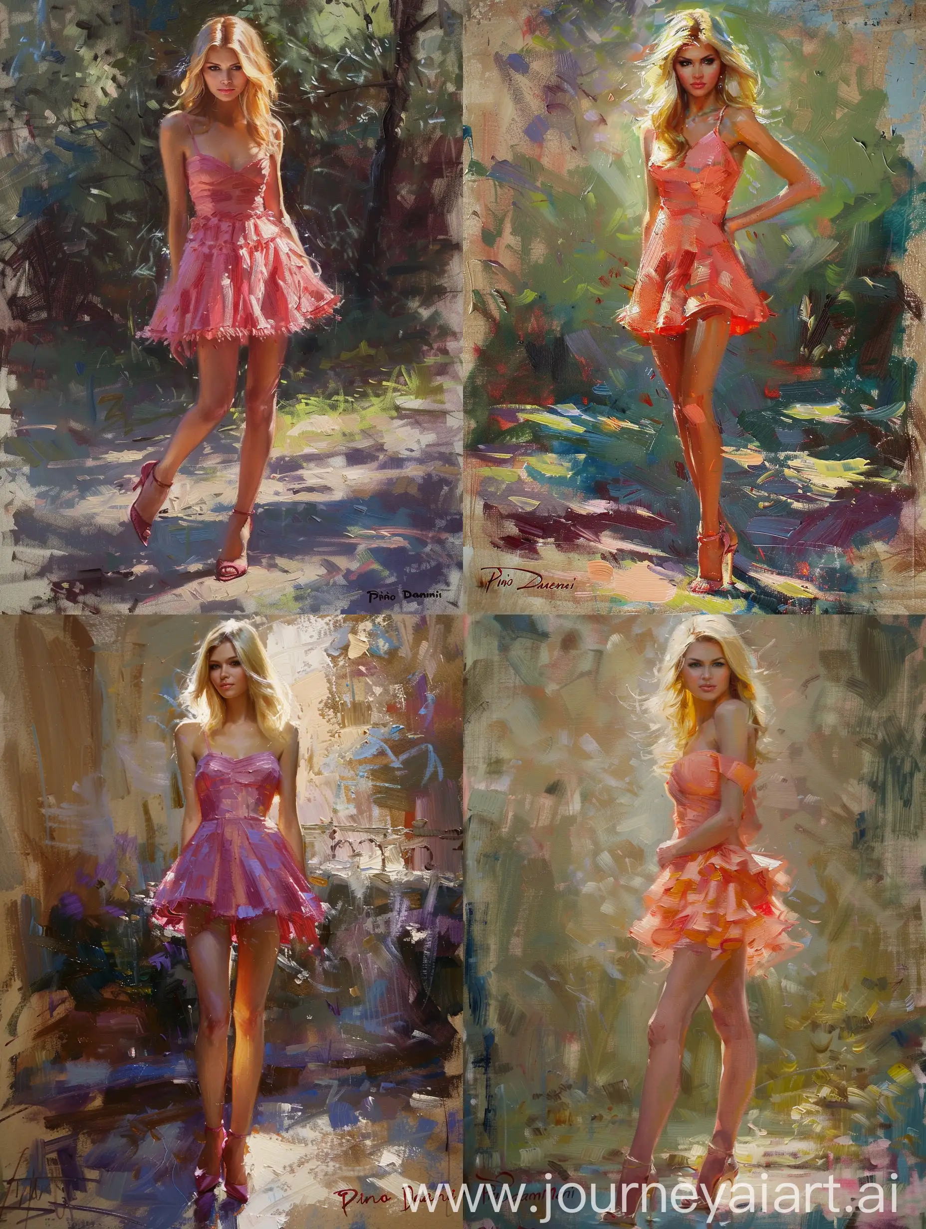 Painting by Pino Daeni, Garmash of a blonde Russian model Lana Medkova, standing on high heels, facing the camera, in a beautiful formal fucsia dress,captures the essence of rare beauty, a high fashion pose, a soft-focus background, sunlight casting a warm glow on her striking features, a complementary color palette, contrast emphasizing her refined elegance, vivid colors, dramatic lighting, and artistic impressionist brushstrokes.