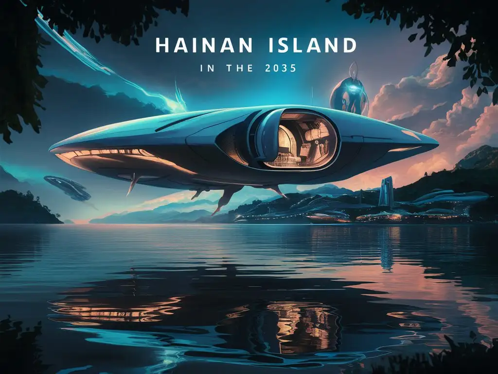 海南岛2035年未来科幻景象，要有飞船，外星人