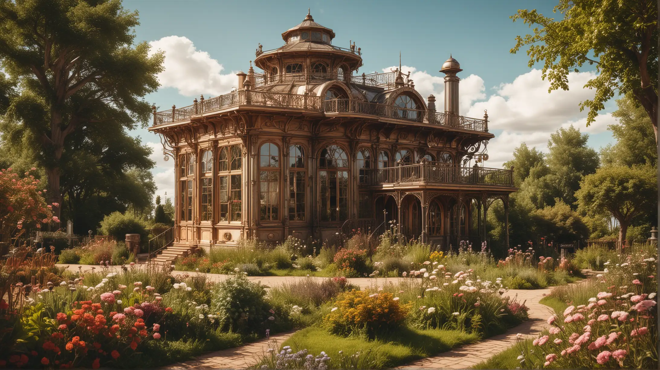 large steampunk summer house in a classical garden with flowers, bushes and trees, sunny, distant view