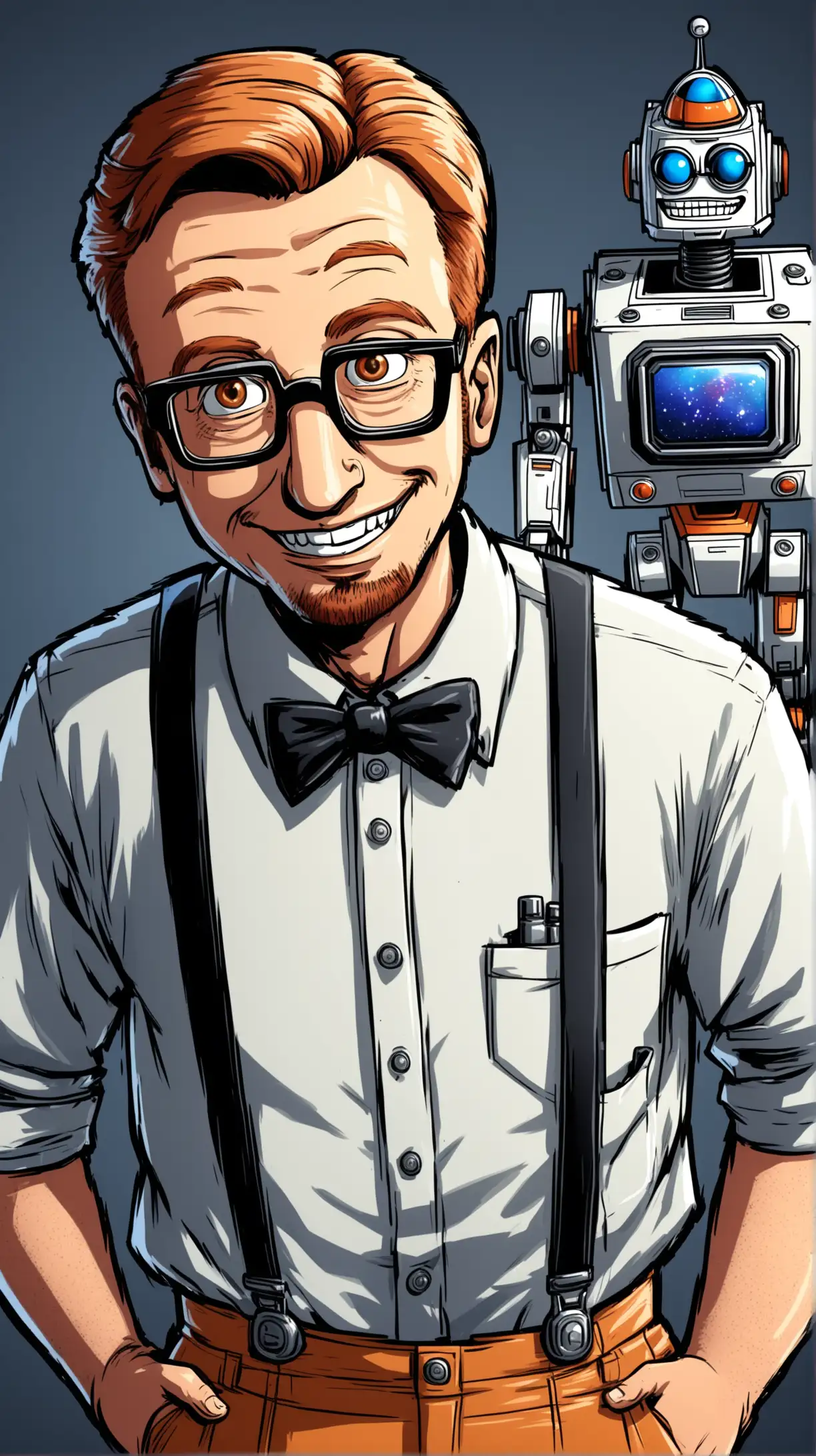 Cartoon, silly goofy smiling with buck teeth nerd with black-framed glasses, wearing white button down shirt with bow tie, suspenders, and a pocket protector.  He is standing next to the B-9 robot from Lost in Space tv show. In the style of GTA raw. leave blank space at the top of the picture that is equal to one eigth the length of the picture.