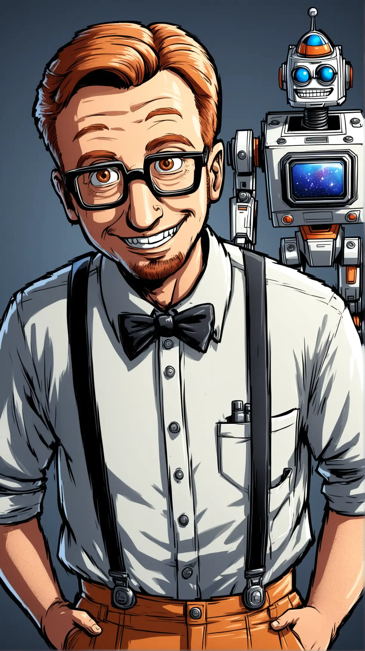 Cheerful Nerd Poses with B9 Robot Retro Cartoon Style Artwork