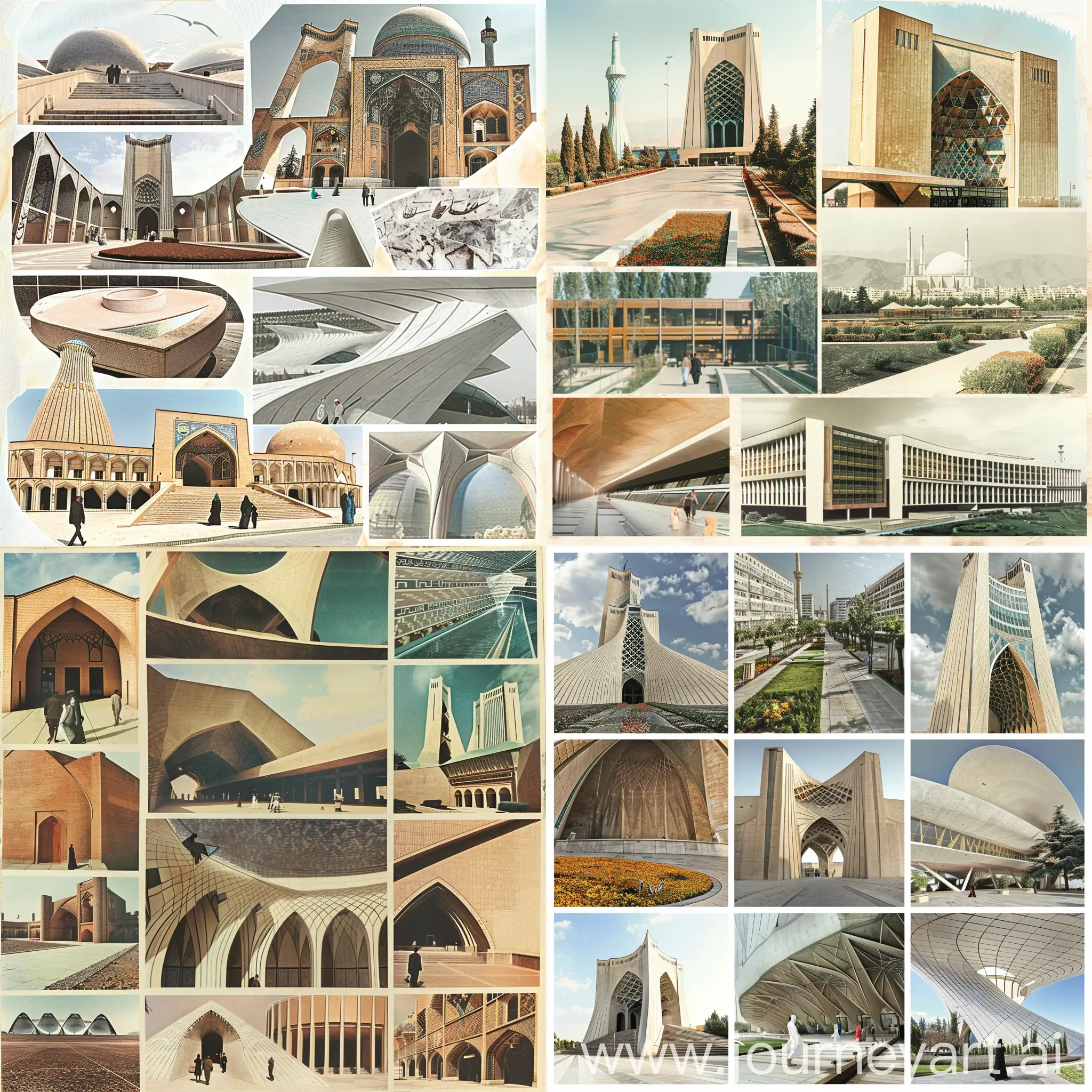 Make a collage and show who brought modern thinking and architecture to Iran and place the modern and successful structures and buildings of Iran.