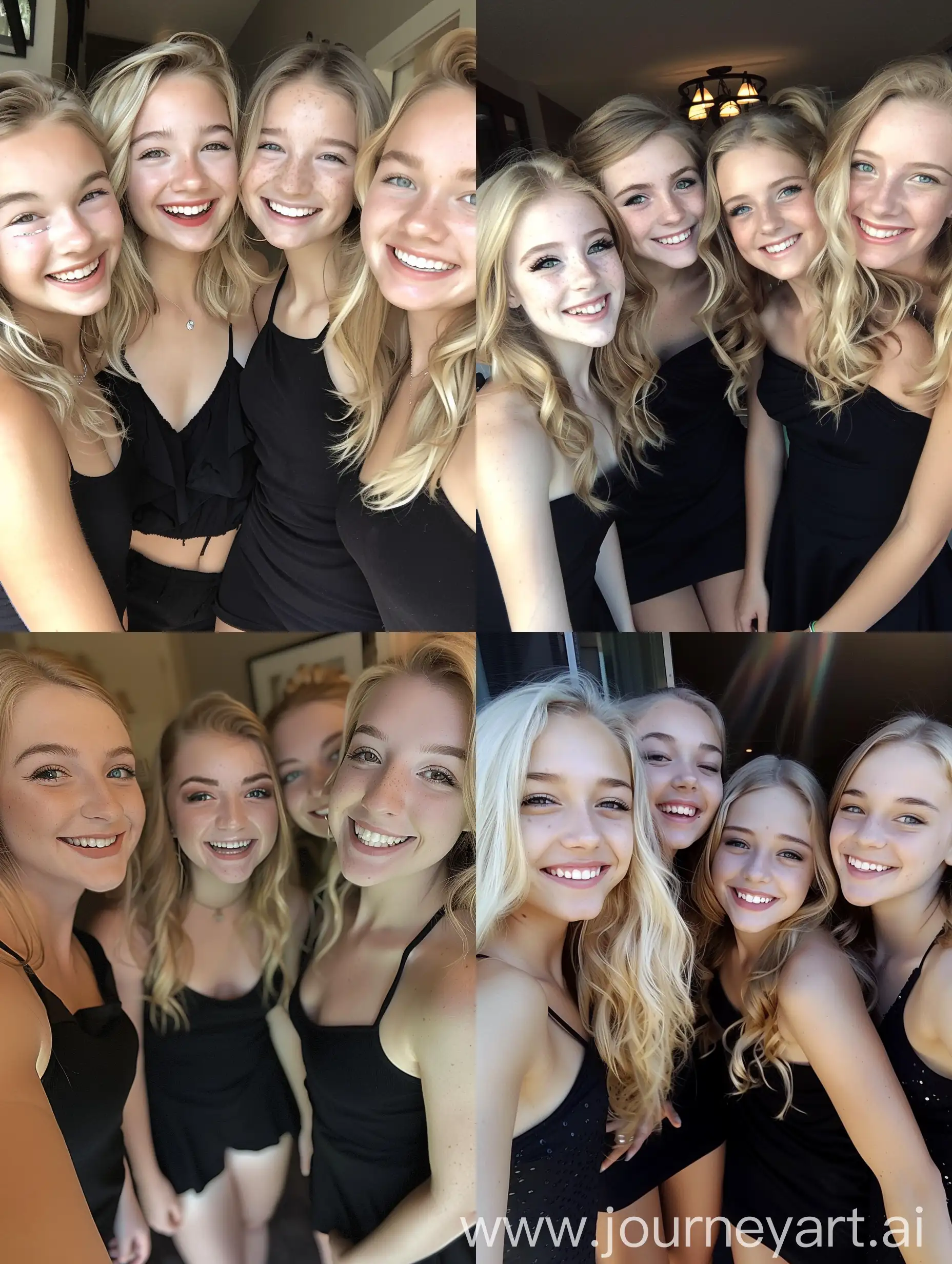 4 american girls, 19 years old, smiling, blond hair, selfie, makeup, beauty, black short dress