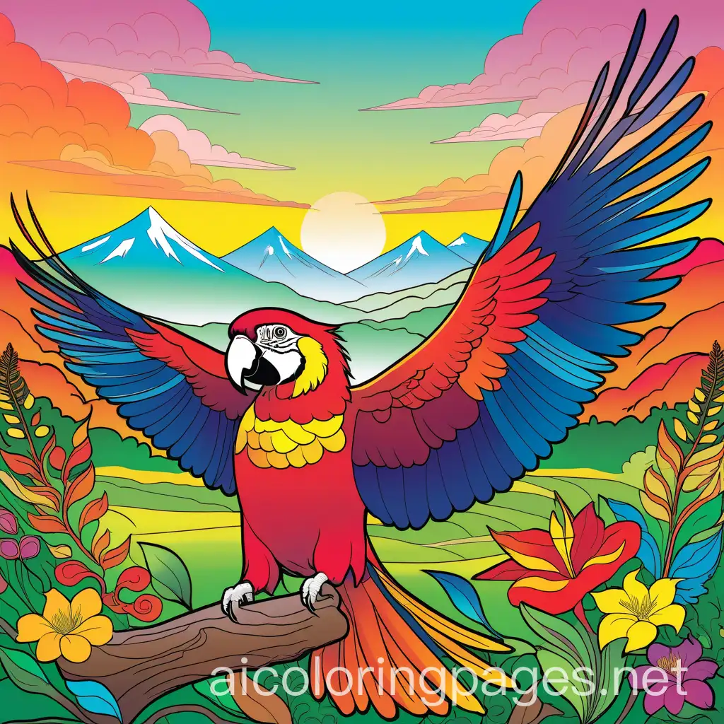 
Title: Rainbow Wings: A Colorful Birds Coloring Adventure

Background: A vibrant gradient of warm yellow transitioning into fiery orange and deep crimson, evoking the warmth of a sunrise and the excitement of a new day.

Foreground: A verdant meadow bursting with life, painted in lush shades of emerald and jade, providing a vibrant canvas for the birds to perch upon.

Main Subject: A chorus of exotic birds, each displaying a riot of colors - a scarlet macaw with feathers of crimson, a golden pheasant adorned in hues of amber and ochre, a peacock flaunting its iridescent turquoise and sapphire plumage, and more, representing the diverse beauty of avian species.

Background Element: A majestic mountain range, depicted in cool shades of indigo and violet, towering in the distance and serving as a majestic backdrop to the colorful avian spectacle.

Title Font: Bold and dynamic, with sharp edges and playful curves, in a spectrum of colors mirroring those found in the plumage of the birds, creating a sense of excitement and anticipation for the coloring adventure within., Coloring Page, black and white, line art, white background, Simplicity, Ample White Space. The background of the coloring page is plain white to make it easy for young children to color within the lines. The outlines of all the subjects are easy to distinguish, making it simple for kids to color without too much difficulty