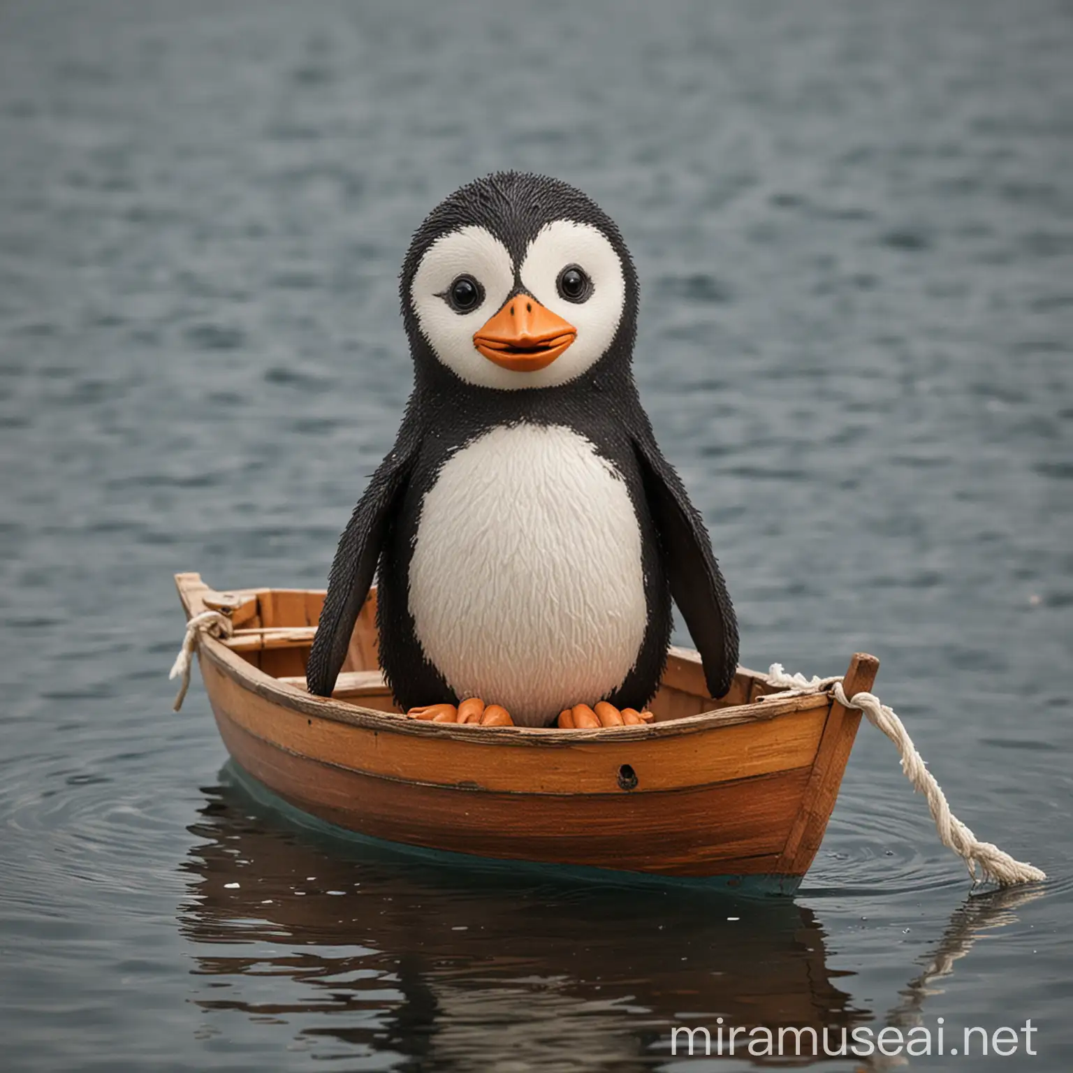 Penguin Sailing in a Boat Amid Icy Waters