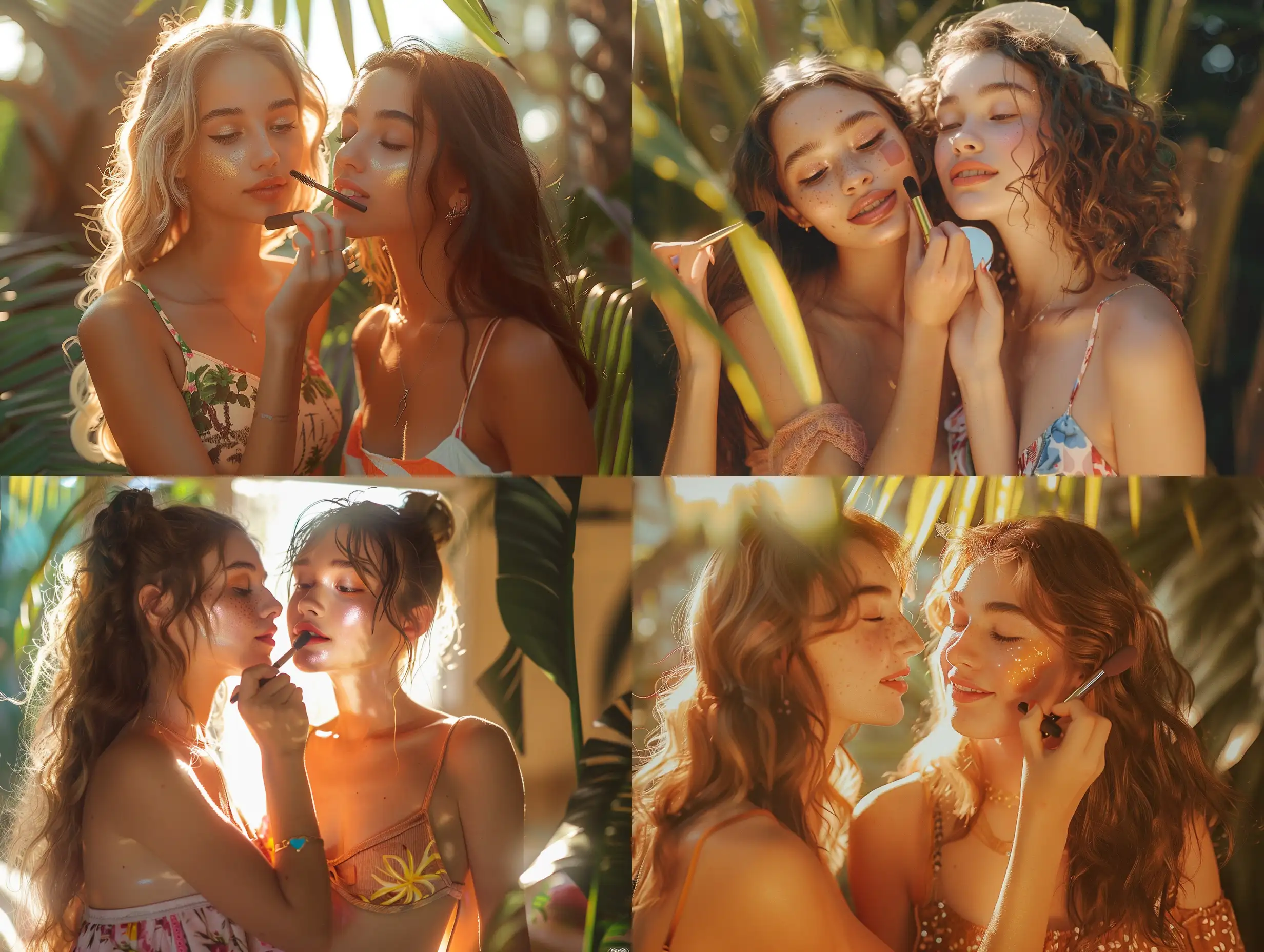 Two 18 year old girls doing each other's makeup, happy, cute trendy clothes, warm summer tones, Instagram filter close photo shot, Landscape, Realism, Cinema 4D, High angle perspective, Warm Colors, Jungle, Rangefinder Camera, Natural Light,