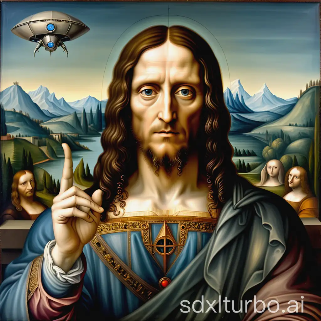 Futuristic-Portrait-Cybernetic-Salvator-Mundi-with-Alien-Spaceship-and-Venus-Background