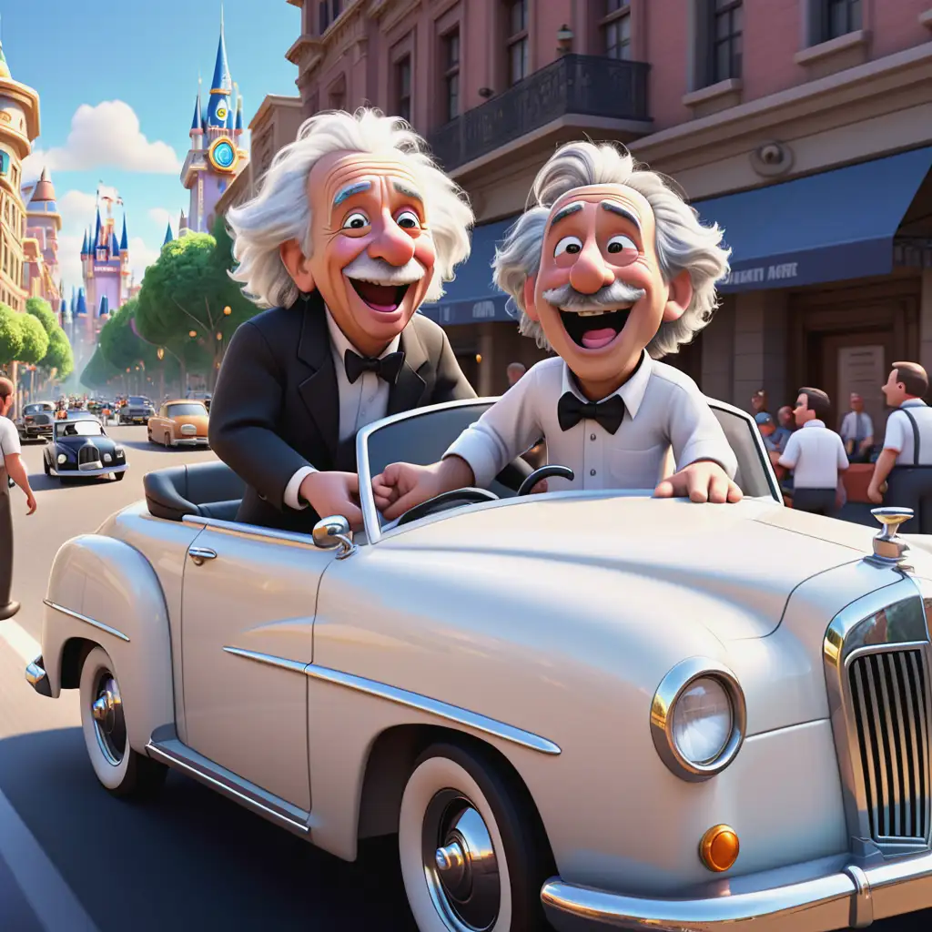 Einstein and Driver Exchange Clothes in Luxurious Car Pixar Style Scene