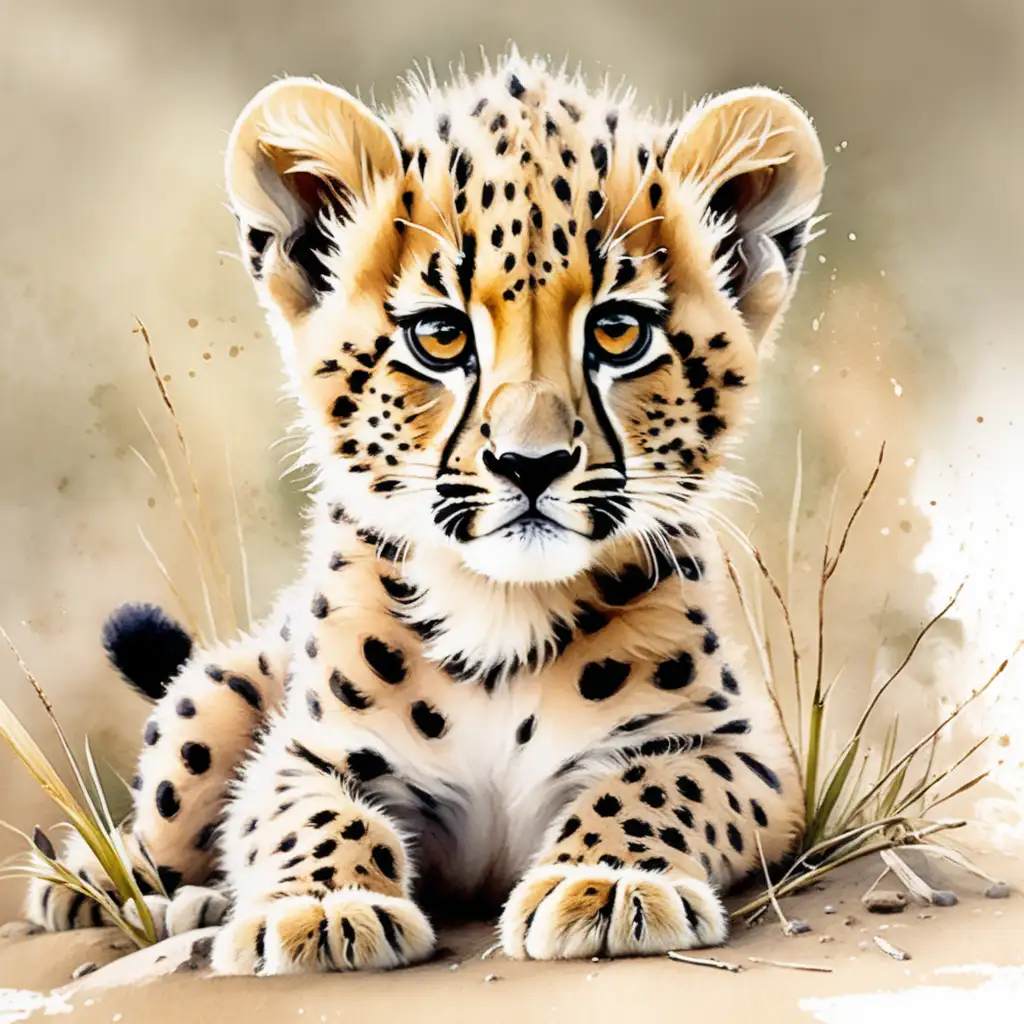 vytvoř obrázek, kde je zobrazené zvíře, mládě geparda. V akvarel stylu,
