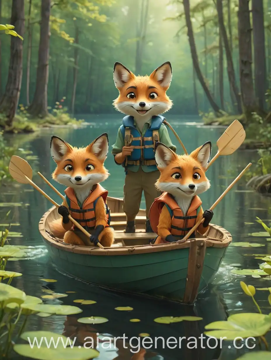 Book cover. Two little foxes are floating in a boat on a deep lake. One little fox is mushrooming with her oars, while the other little fox is looking at the surrounding nature. Both are wearing life jackets.In the background, the forest surrounding the lake creates a picturesque landscape. The trees are tall and green, and the water in the lake is clear and blue.The bright and colorful palette attracts children's attention.The characters are depicted in fun and engaging poses.