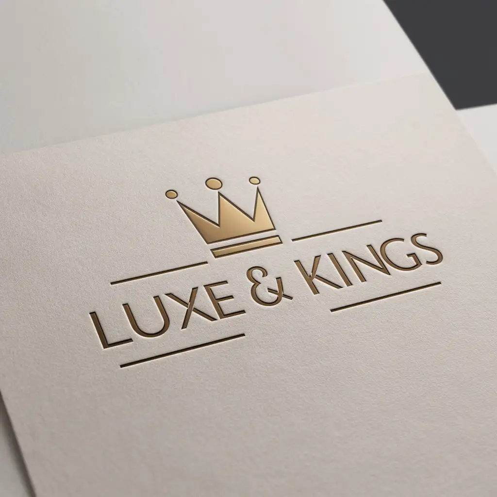 a logo design,with the text "Luxe & Kings", main symbol:clean modern wordmark minimalist luxury logo design. this logo should includes crown. preferred color gold . must be white paper mockup,Moderate,clear background