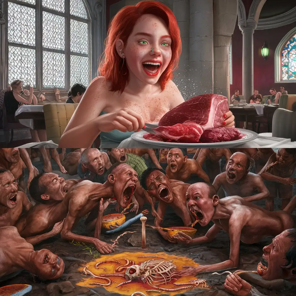 In the first high plan upside, style realist portrait CG 3d unity a young redhead women alone, nose piercing, pregnant, laughting hard, sweating, green eyes, eating alone giant meat to a massive luxury diner in castel, face to a giant closed stained-glass window, extremely detailed realist CG unity 8k wallpaper,masterpiece, best quality, ultra-detailed),(best illumination, best shadow, an extremely delicate and beautiful). 

In the second plan downside, a overcrowded poor very skinny men's on floor screaming and crying, eating a liquid mud with worms bones and squeleton, extremely detailed CG unity 8k wallpaper,masterpiece, best quality, ultra-detailed),(best illumination, best shadow, an extremely delicate and beautiful).