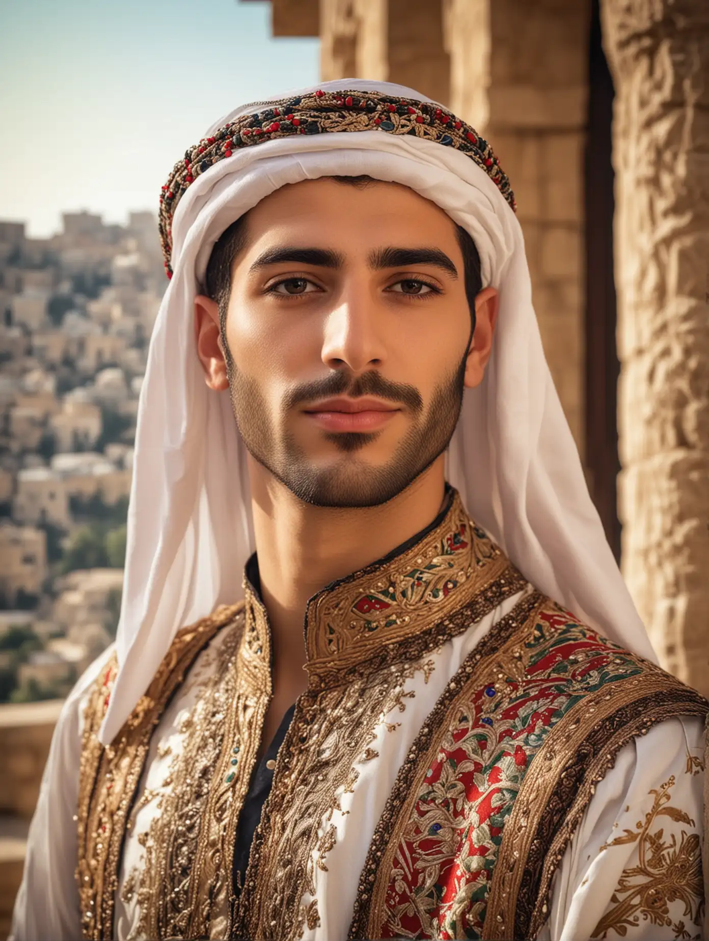 a handsome guy，Lebanese，Lebanese traditional clothing， with exquisite facial features,Famous architectural background of Lebanese， professional photography technolog
