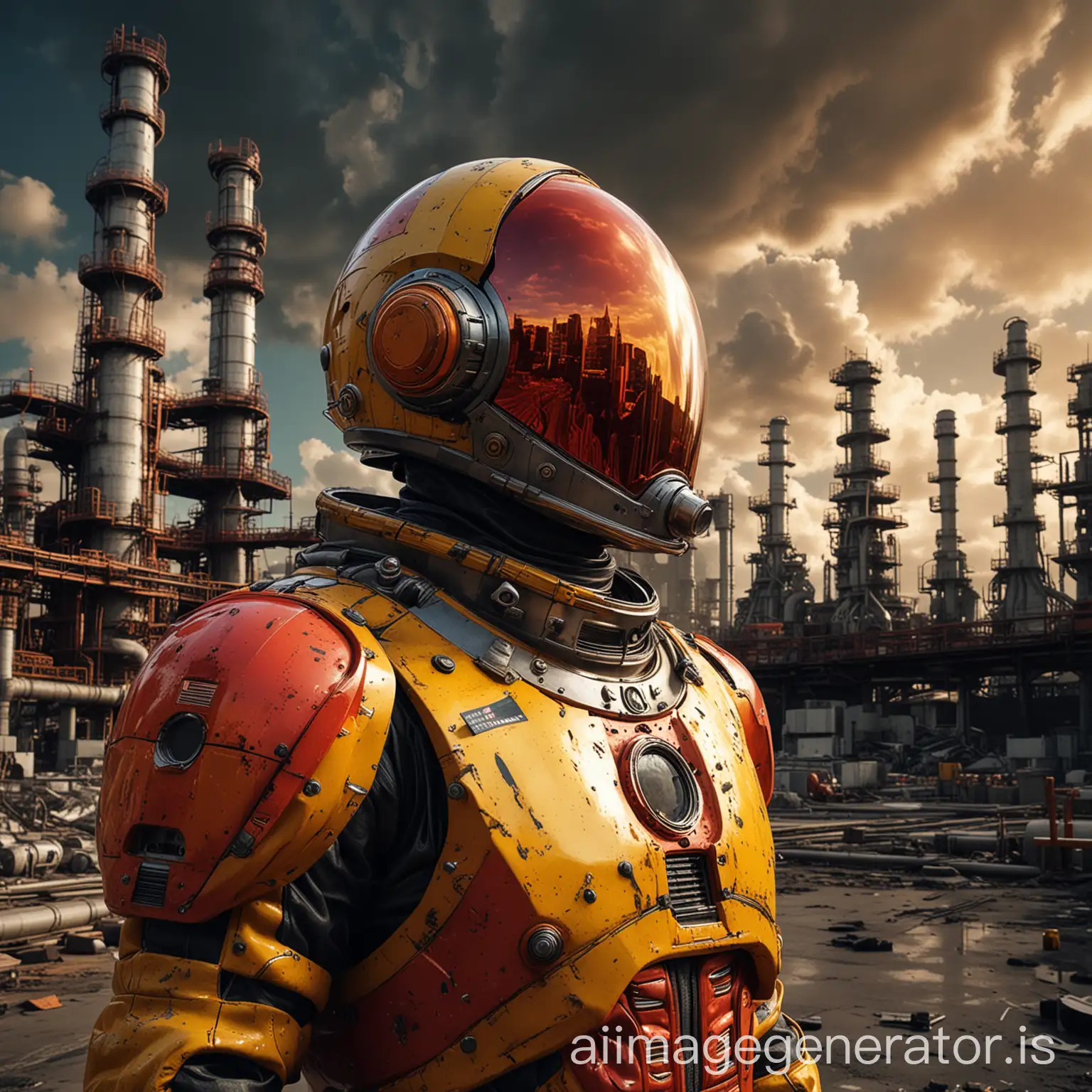 A captivating, superdetailed photograph with intense colors that combine both surreal and industrial elements. In the foreground, a close-up of a futuristic space suit helmet showcases intricate designs and vivid red and acid yellow accents. The background reveals a complex scene of concrete skyscrapers and distillation petrochemical columns, with black clouds swirling around the sky. The image is enhanced with the PL photo filter, and the ray tracing global illumination technique adds a sense of depth and realism. The optics, scattering, and glow effects create a surreal atmosphere, making this photo both visually stunning and thought-provoking.