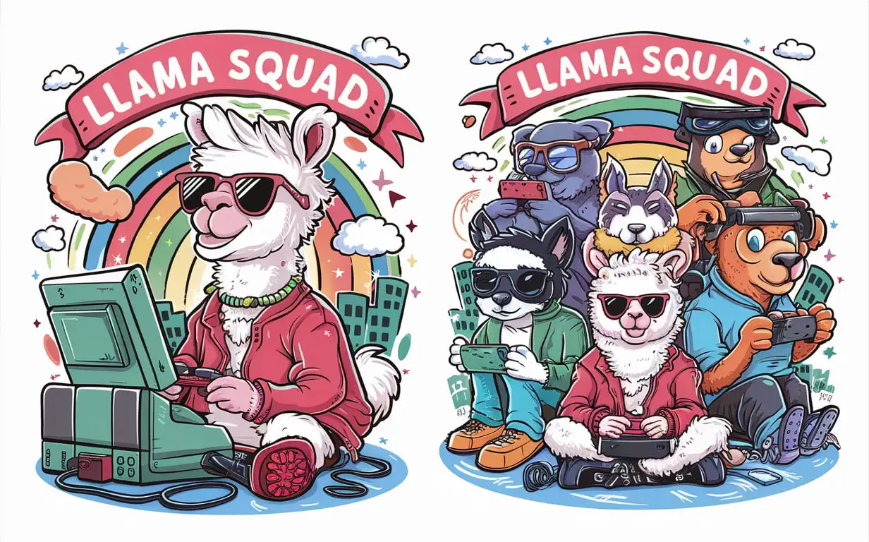 cool llama playing video games with friends while saying llama squad 