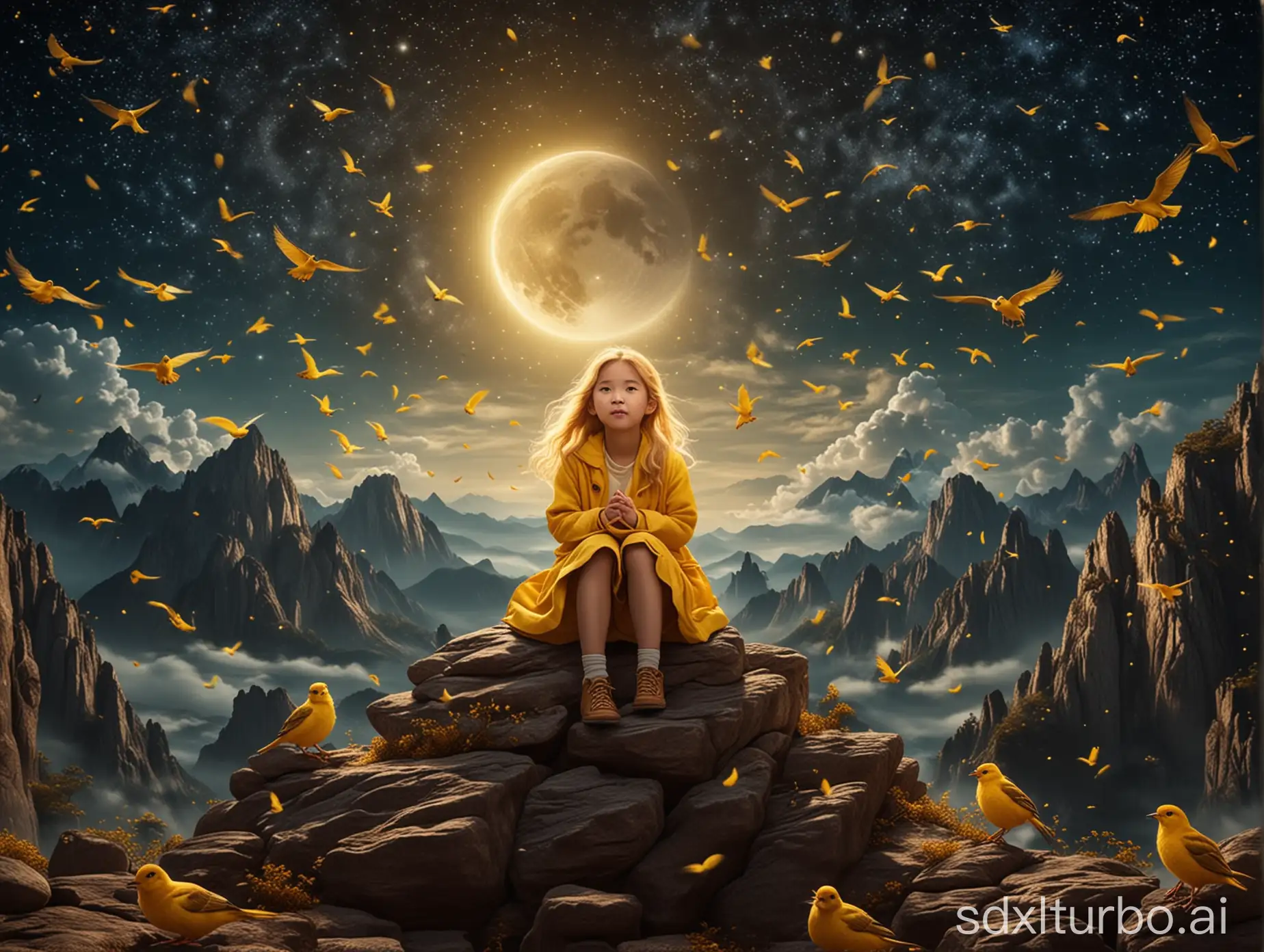 The cute Asian little girl sits on Moon Mountain, with golden hair, surrounded by flying yellow birds, starry sky, movie effects, children's commercial blockbuster.