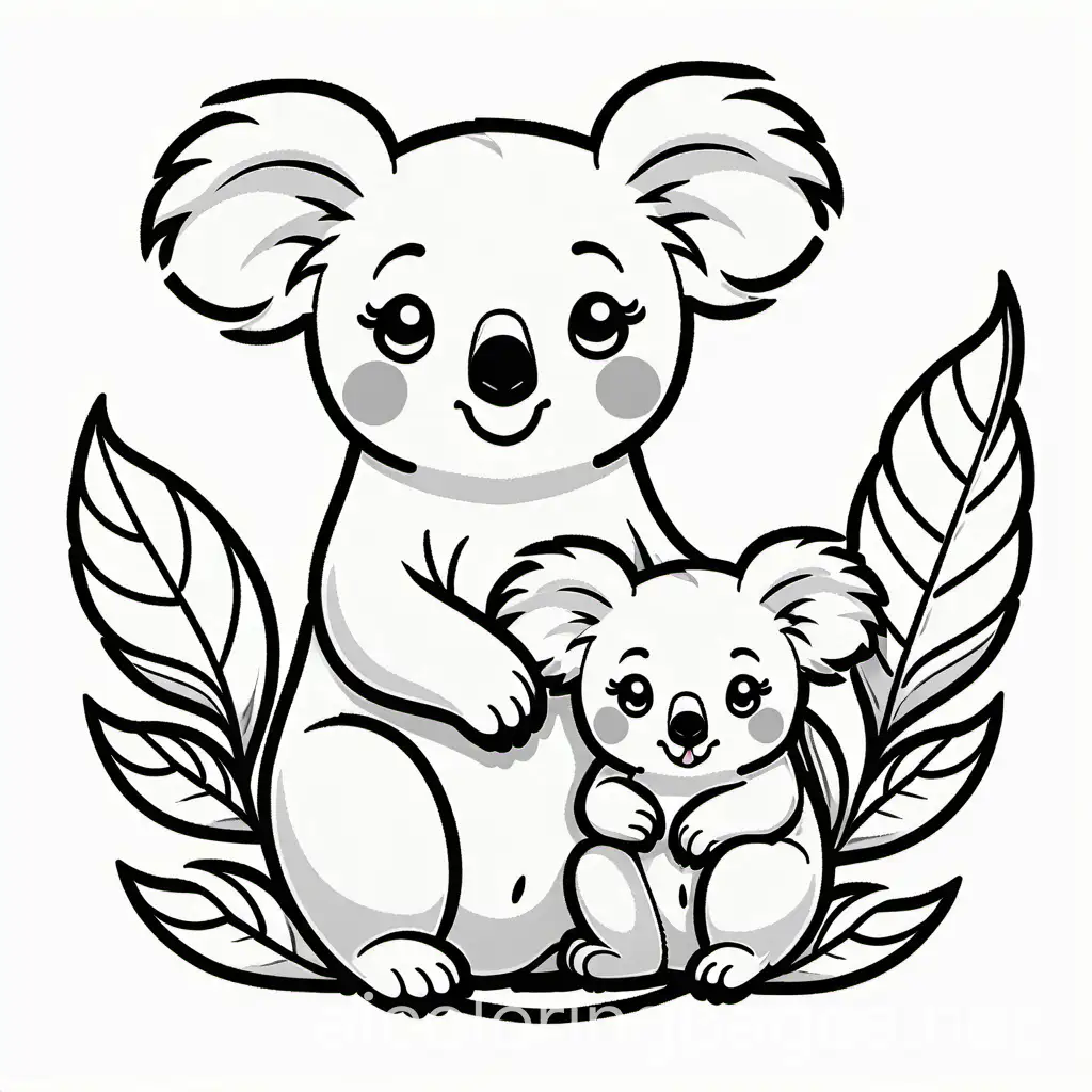 Smile mother koala takes care of baby koala
No background , Coloring Page, black and white, line art, white background, Simplicity, Ample White Space. The background of the coloring page is plain white to make it easy for young children to color within the lines. The outlines of all the subjects are easy to distinguish, making it simple for kids to color without too much difficulty