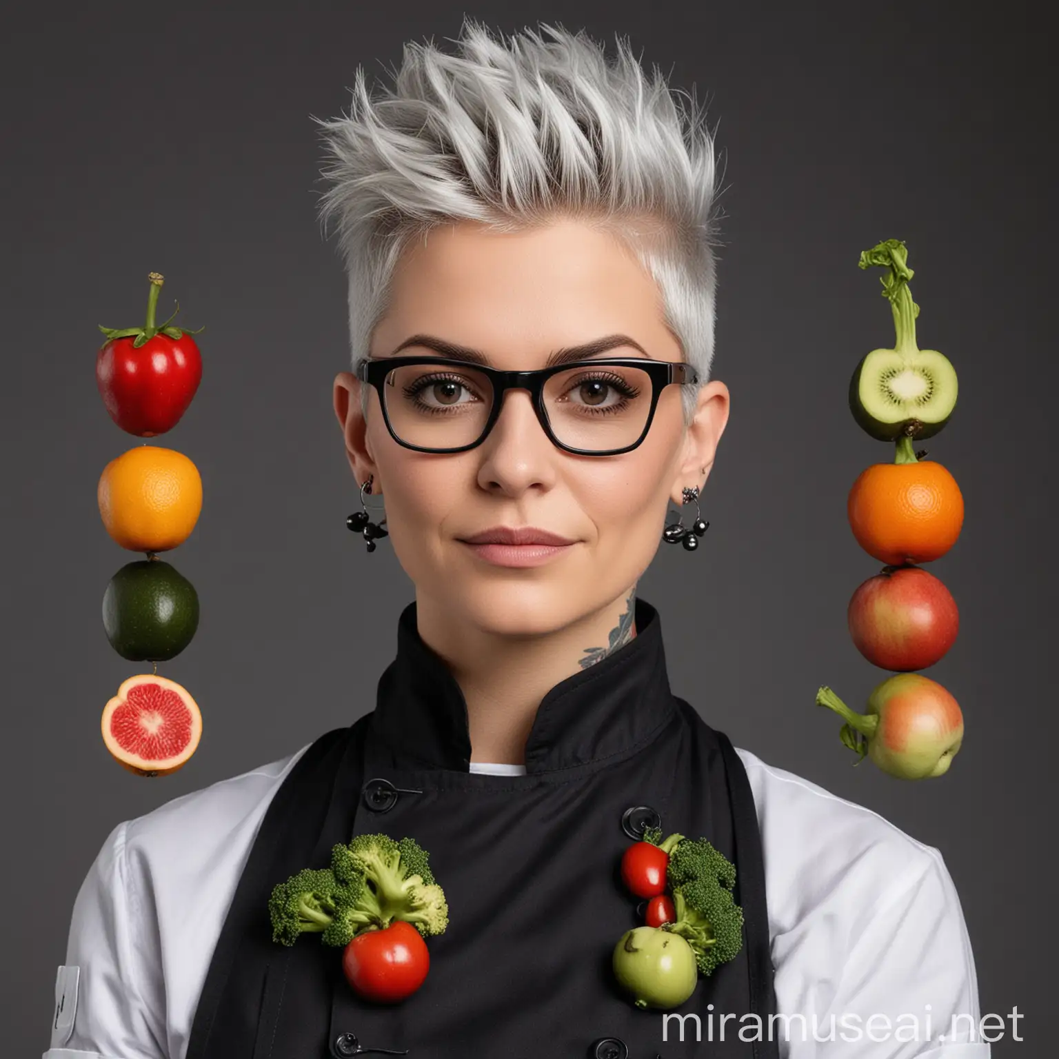 a photo of a 41 year old female chef with white-grey hair styled in a mohawk, she looks younger and wear black frame glasses and a black EgoChef chef jacket. Sheand has tattoos of fruits and vegetables in all her right arm and piercings: a nostril piercing in each nostril and a septum piercing. She is fair-skinned, medium thick brows and has brown eyes.