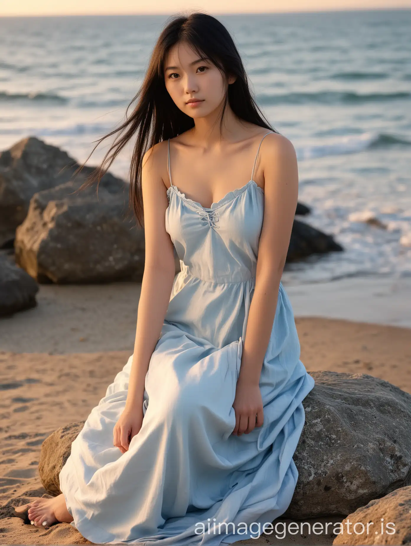 Contemplative Japanese Woman in Pastel Blue Dress on Beach at Sunset | AI  Image Generator