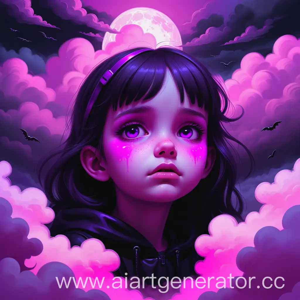 мрачная девушка, среди розовых облаков, на неё падает фиолетово-чёрный свет