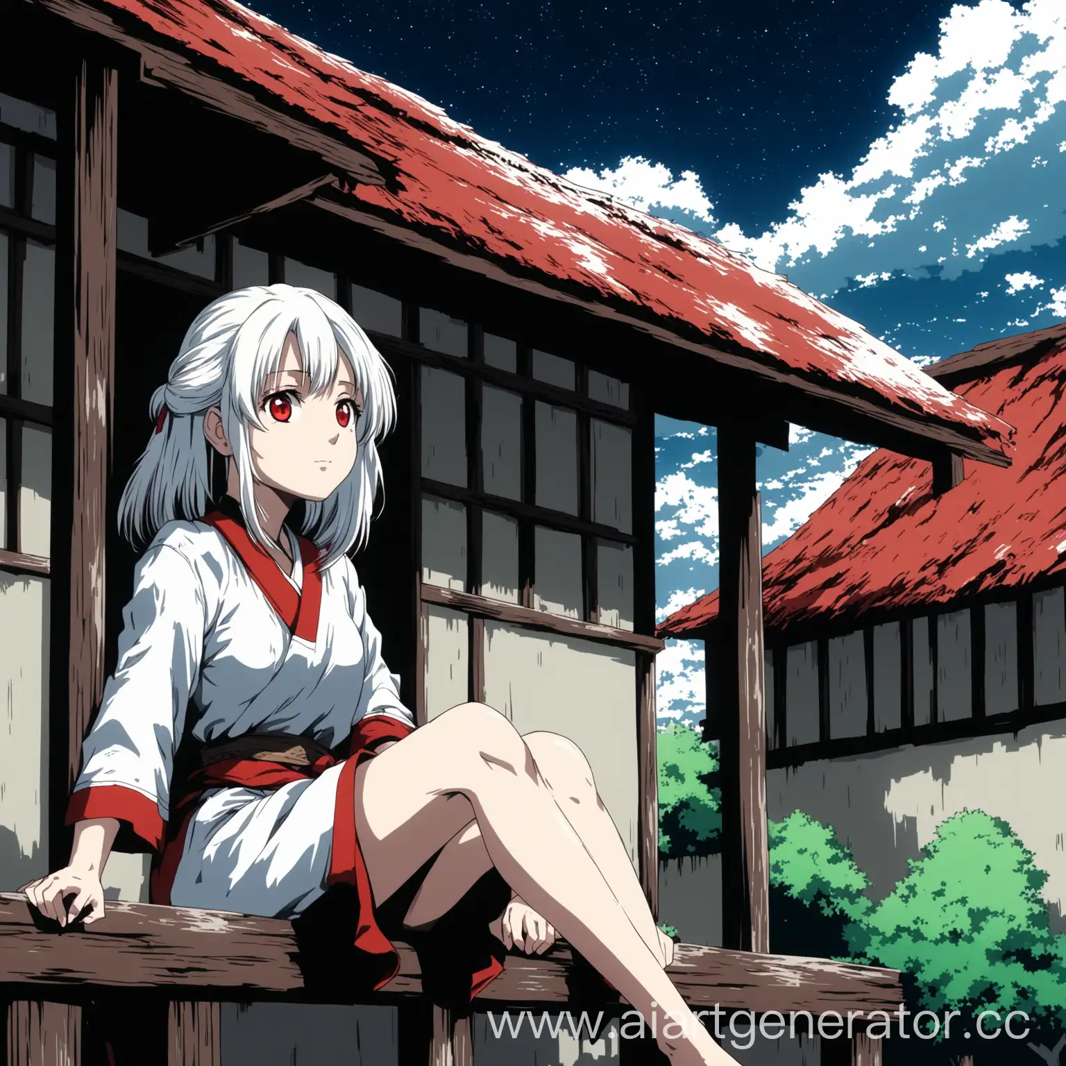 Деревня красивая девушка белыми волосами и красными глазами, сидит на крыльце старого дома смотря в небо , в стиле аниме