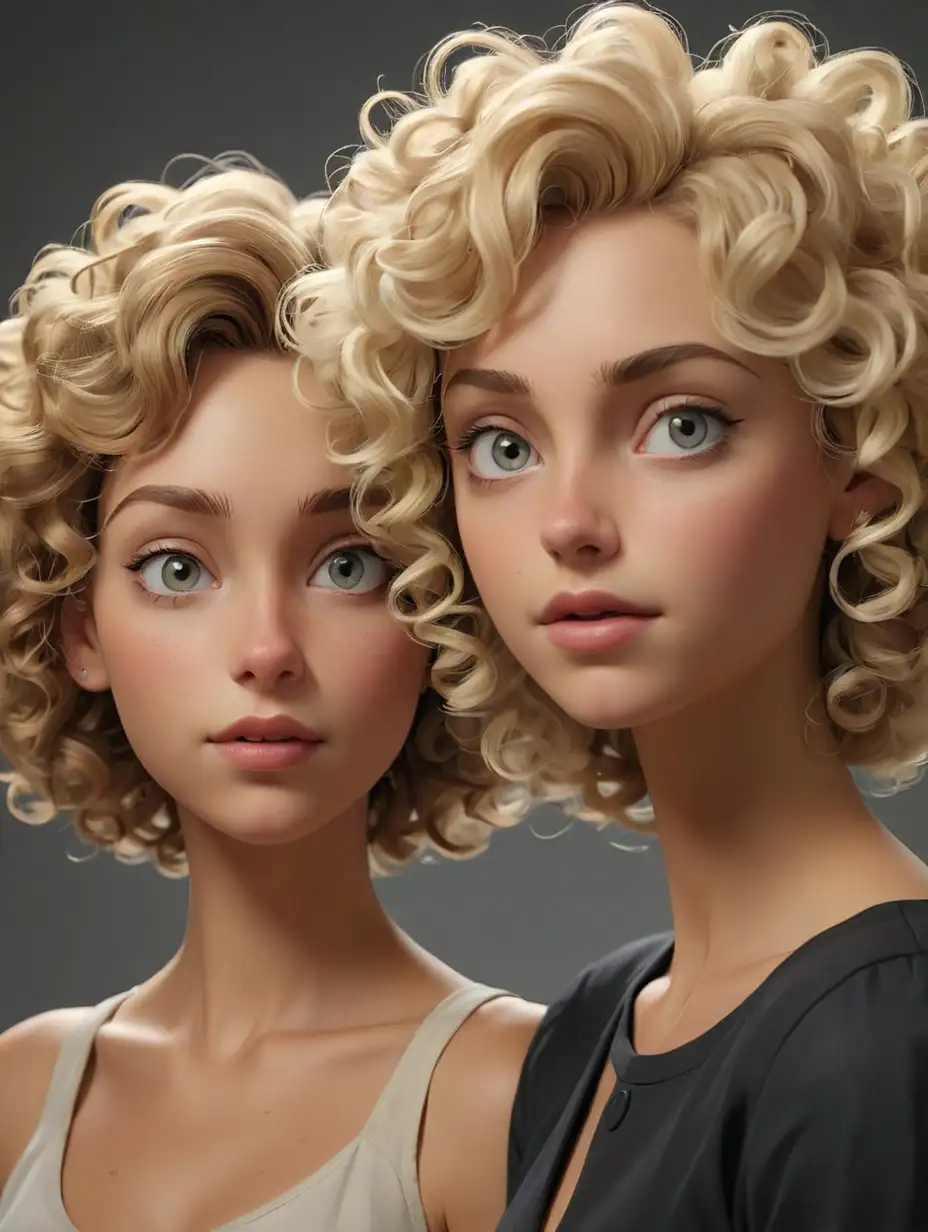  Two women 25 years old, Simona and Wanda Kozakiewicz. They have curly short hair, Wanda's is blond, Olga's is dark. They are thin and beautiful, with refined facial features. In style 3d animation, realism