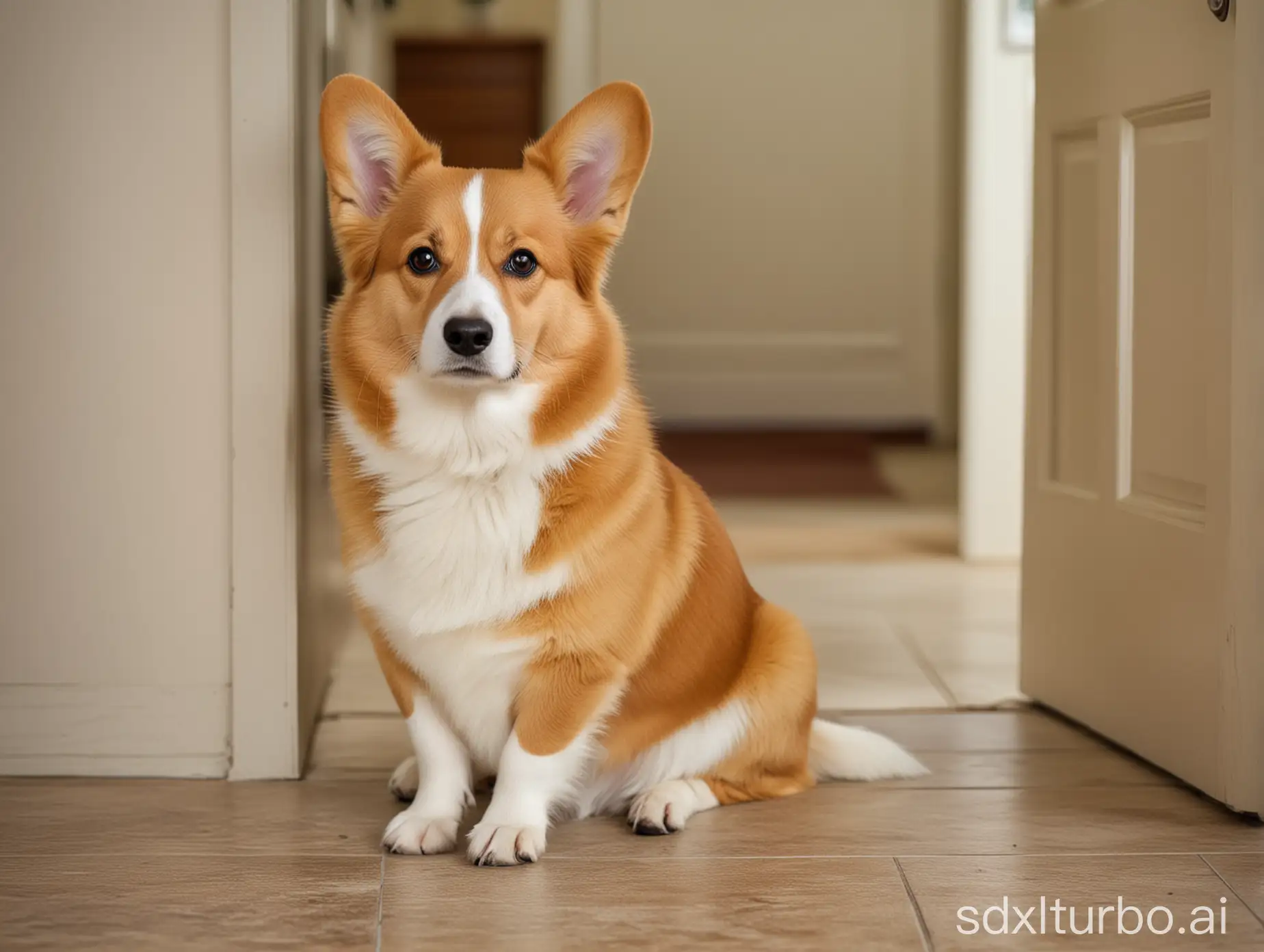 A corgi, sits quietly outside the door, cute