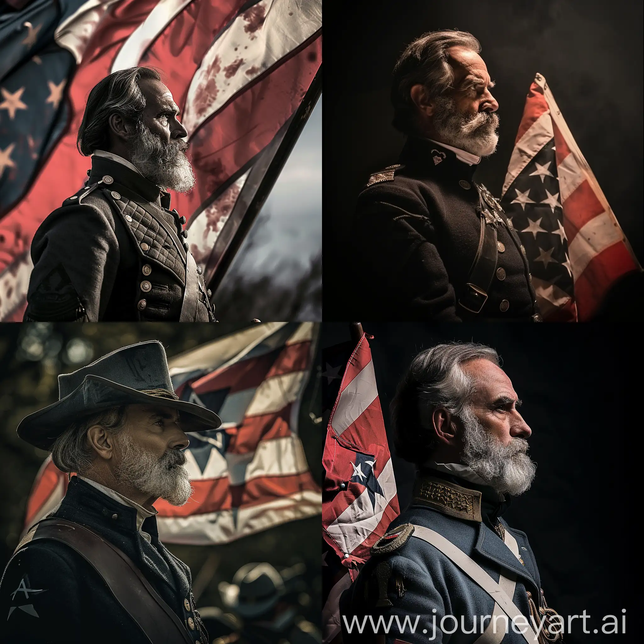 American Confederate General Robert Edward Lee, American Civil War, commanding his army, Battle flag of the Army of Northern Virginia, battle scene, cinematic lighting