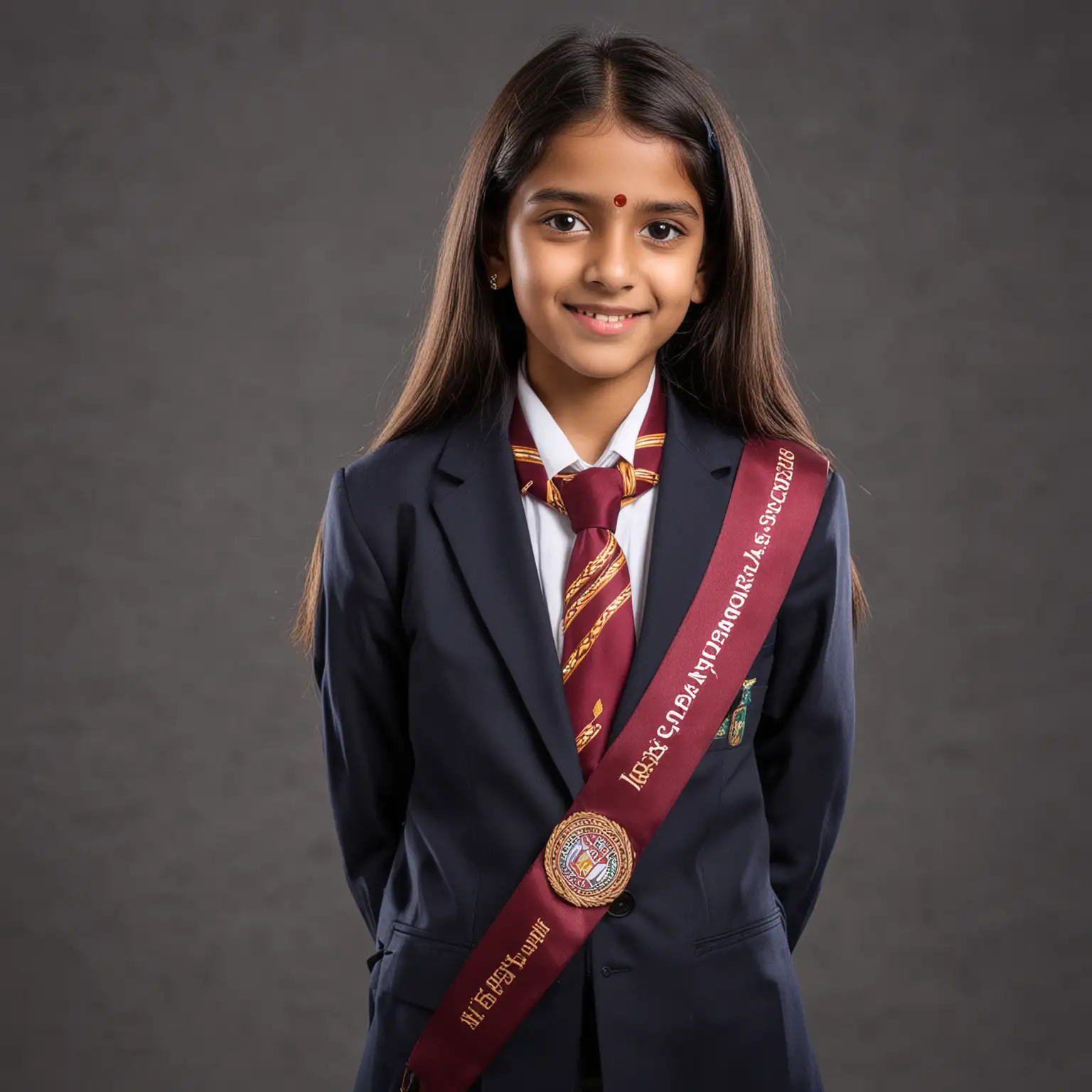 a 12 year indian girl student wearing a convocation sash and neck tie with school logo and belt withs school logo