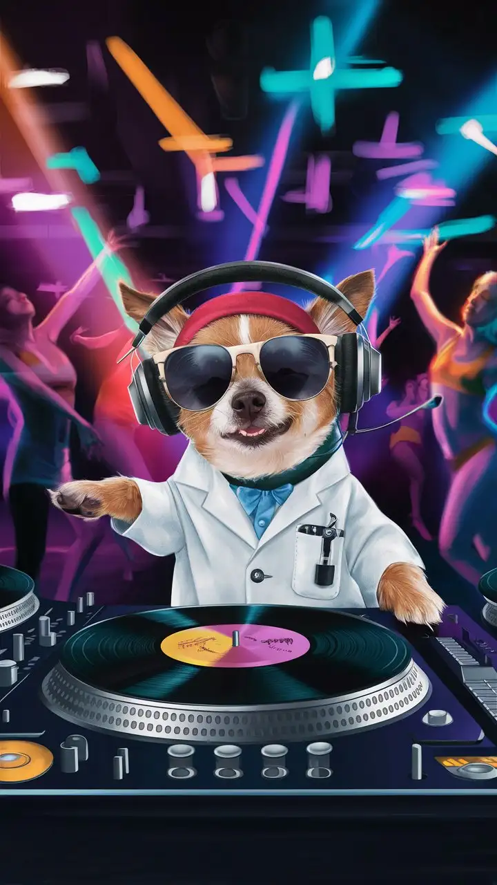 small dog with headphones playing records like a dj, the dog has sunglasses, the dog is dressed in a scientist's coat, he is in a nightclub with lots of lights
