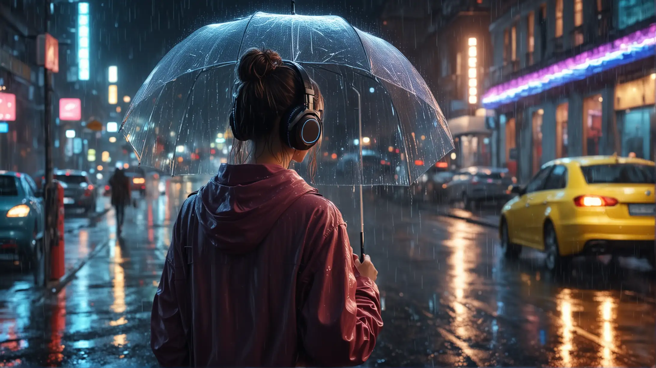look from behind, girl staying in rain, with headphones and transparent umbrella, cars passing by, night city with neon lights, very realistic, 8K