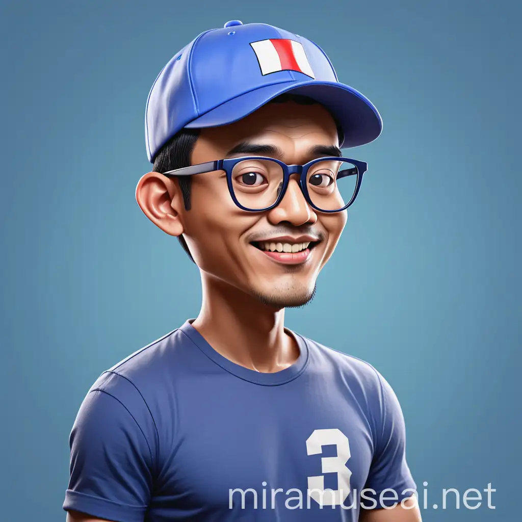 
4d caricature of 30 years old Indonesian man wearing baseball cap glasses and blue plain t-shirt