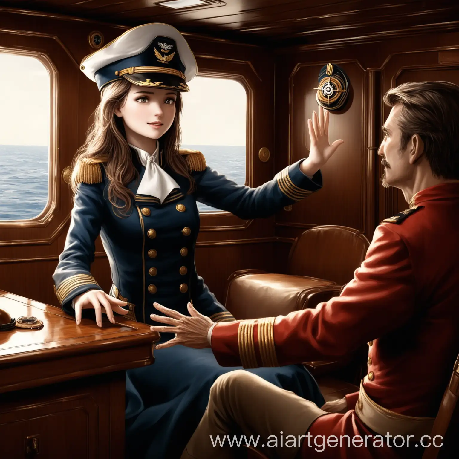 Красивая девушка сидит в каюте капитана с шляпой капитана . Тянет руки к мужчине  , который так же протягивае руки девушке